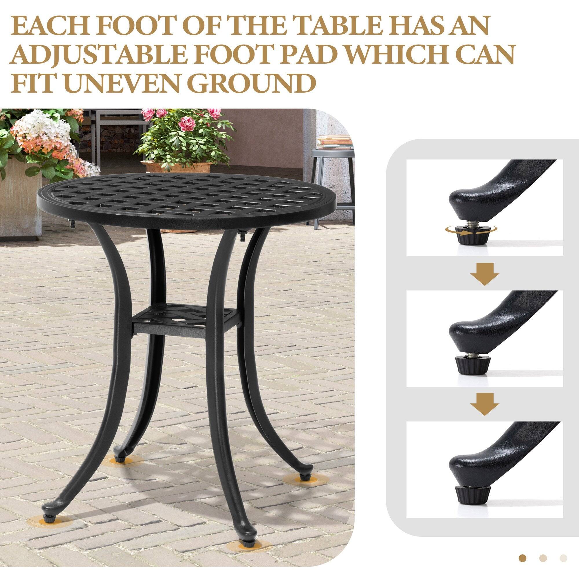 Each foot of the table has an adjustable foot pad which can fit uneven ground.