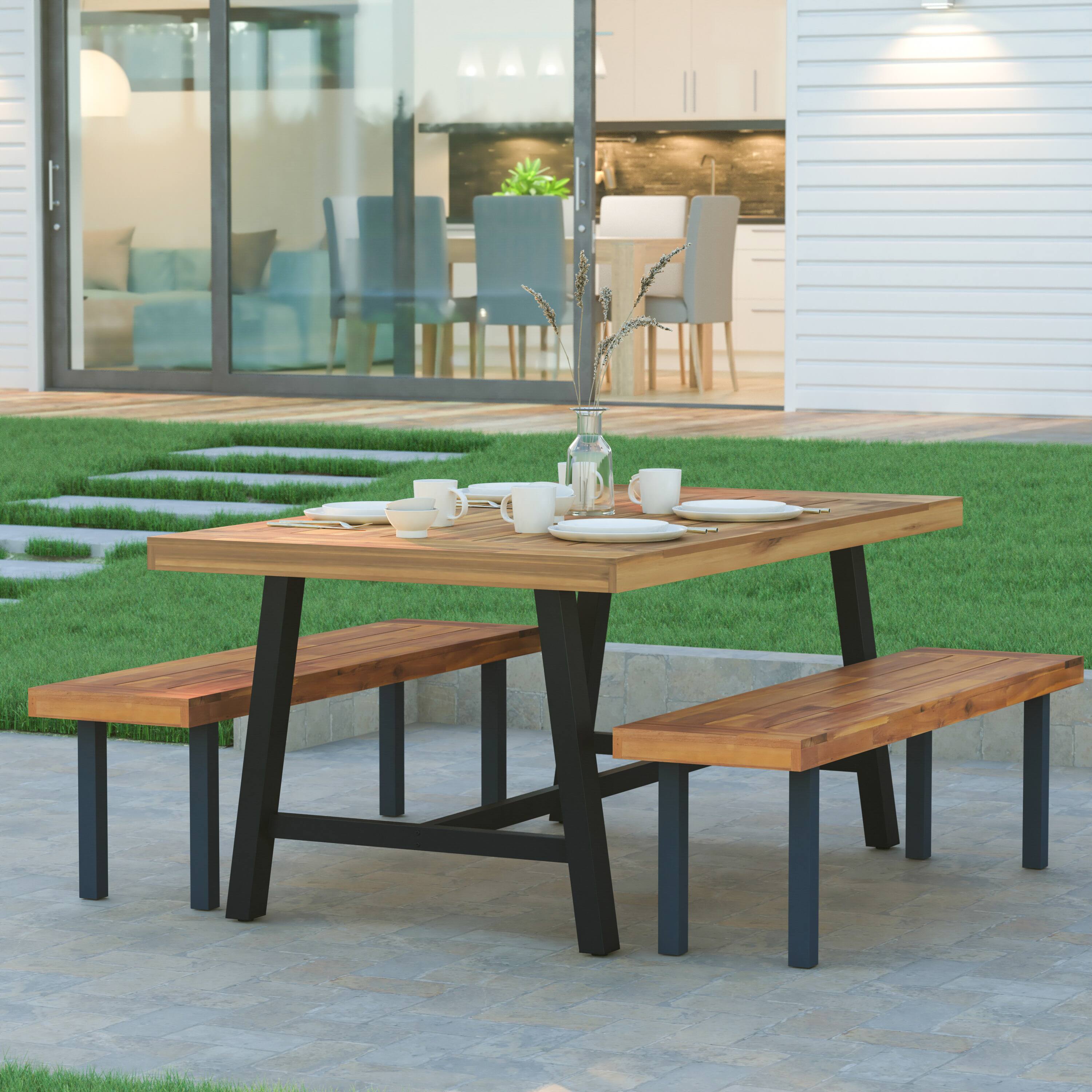 Alt View 1. Emma + Oliver - Whitford Solid Acacia Wood Dining Table with Metal Legs for Indoor and Outdoor Use - Natural Top/Black Frame.