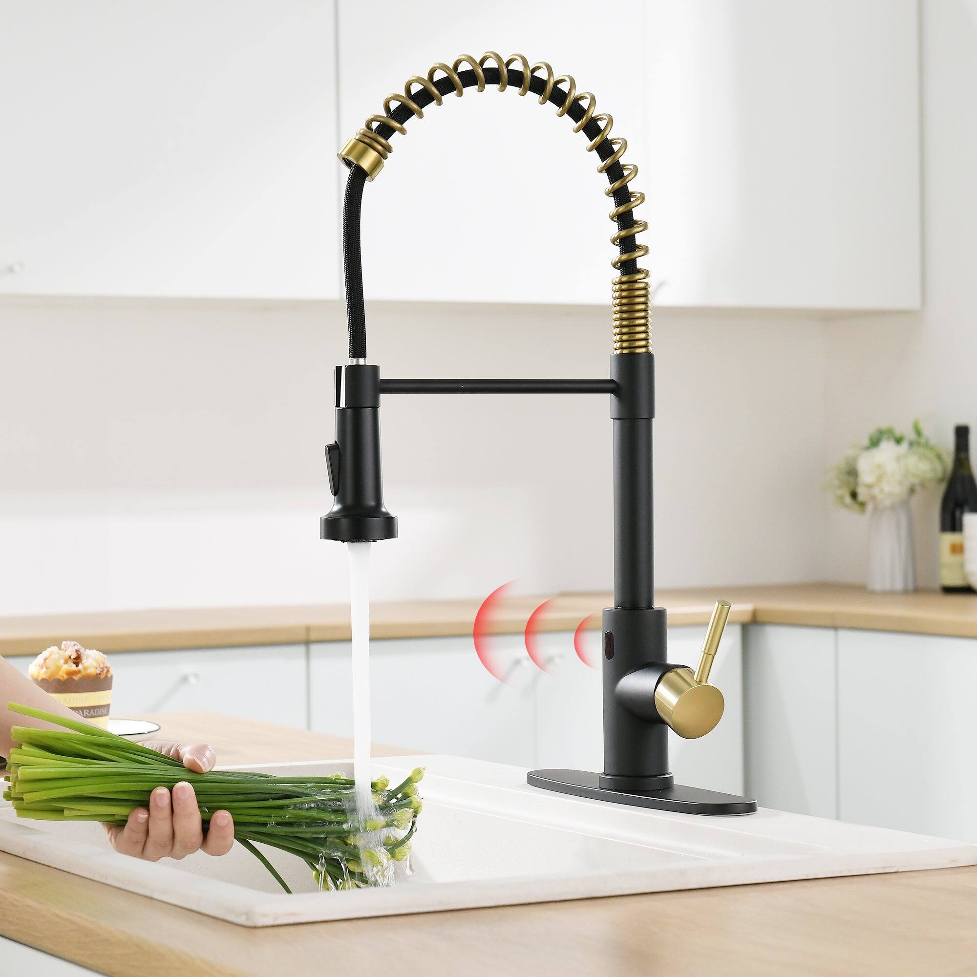 Alt View 8. Boyel Living - Black and Brushed Gold Single Handle Touchless Pull Down Kitchen Faucet with Deckplate Included - Black & Brushed Gold.