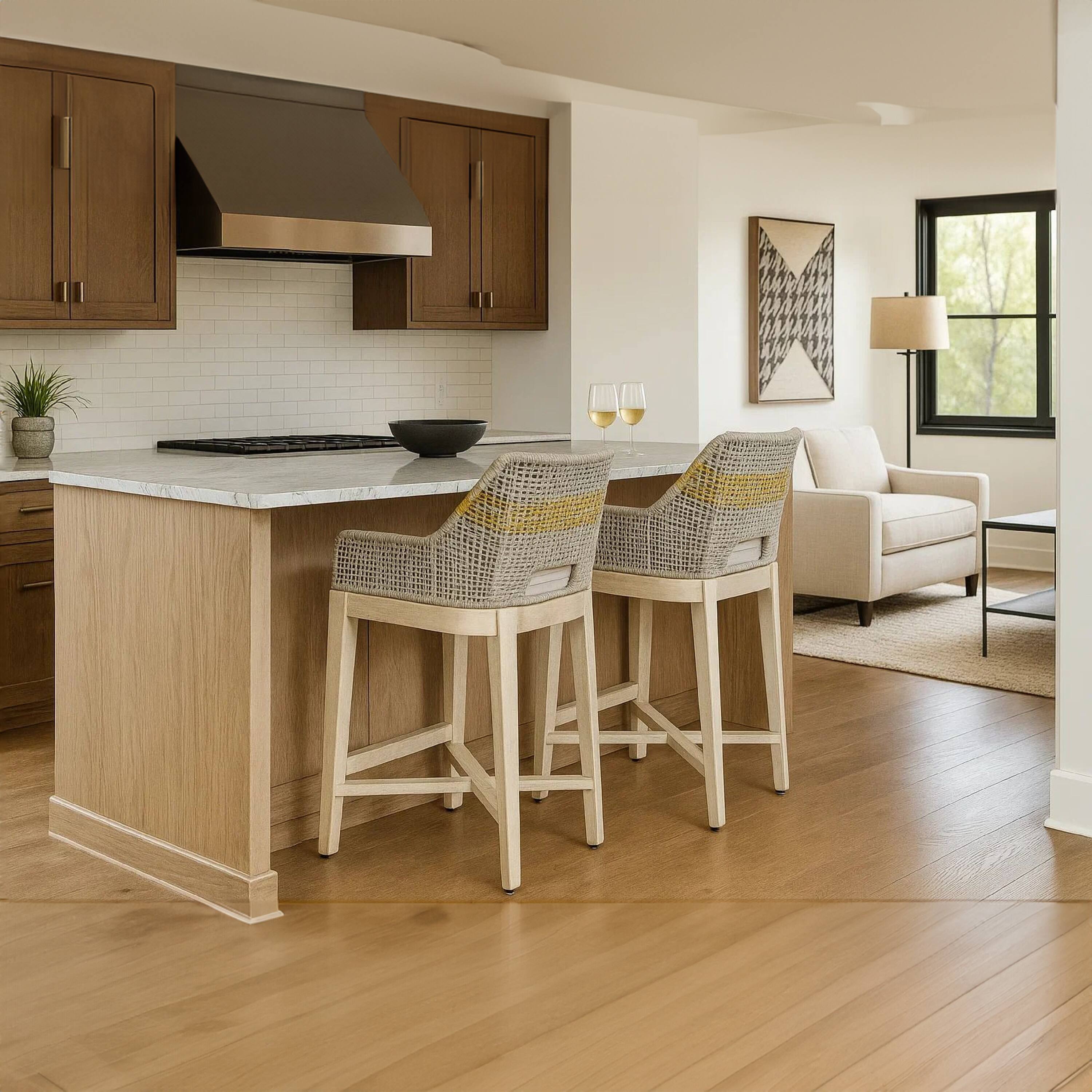 Alt View 8. Manhattan Lane - Avira 30 Inch Barstool Chair | Handcrafted Mango Wood | Cotton Rope Weaving | Beige Cushion - Natural Brown, Beige.