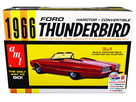 FORD HARDTOP CONVERTIBLE
1966 THUNDERBIRD
1/25 SCALE TOP QUALITY CUSTOMIZING KIT
a m t
THE ONLY WAY TO GO!
3 in 1
BUILD CONVERTIBLE, HARDTOP OR CUSTOM
Retro DELUXE
SPECIAL FEATURES
- RED-LINE Whitewall Tires
- EXPANDED Decal Sheet
- RETOOLDED Tonneau Cover
- ALL NEW Wire Wheels