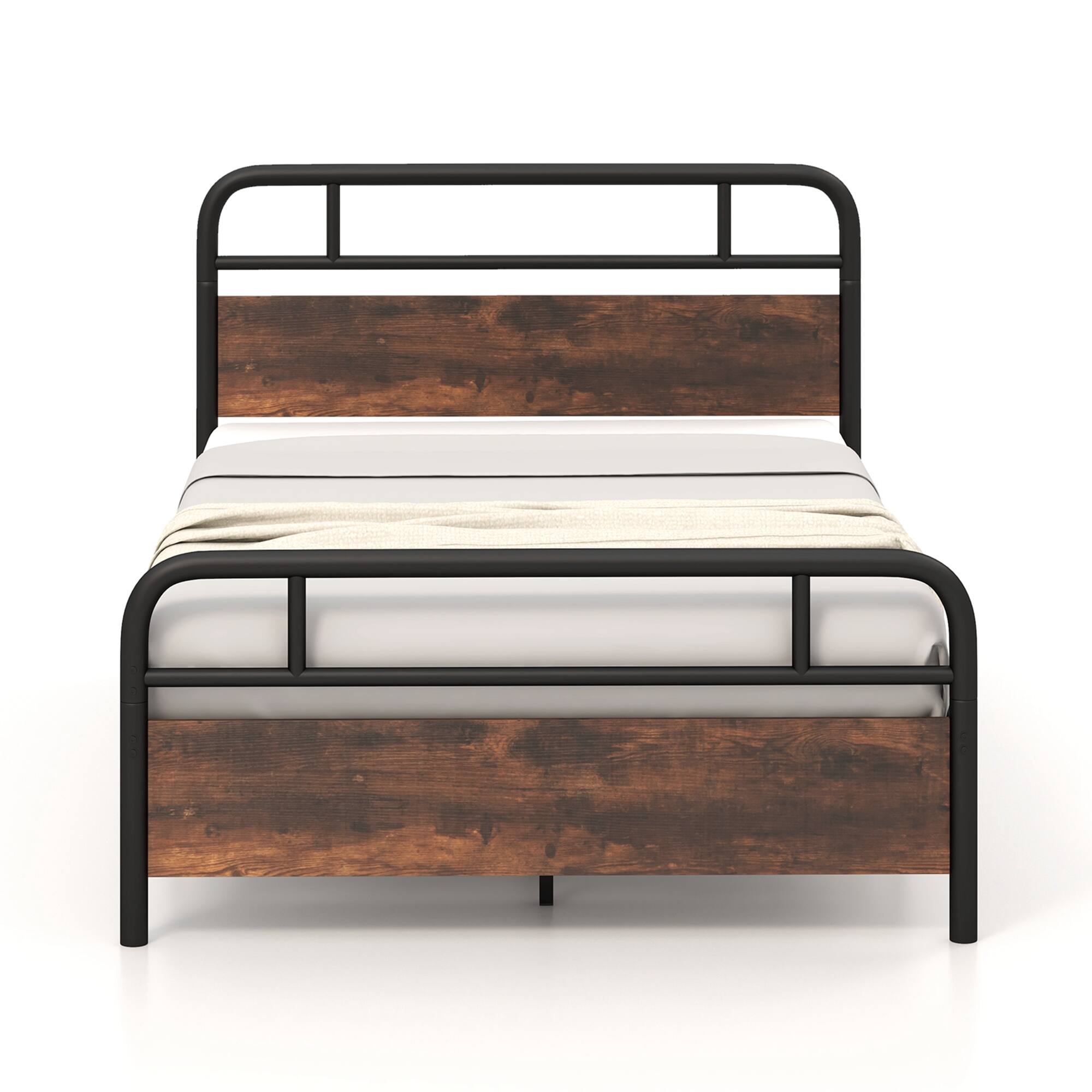 Alt View 9. Costway - Costway Full Size Metal Platform Bed Frame Industrial Headboard Mattress Foundation - Black+Brown.