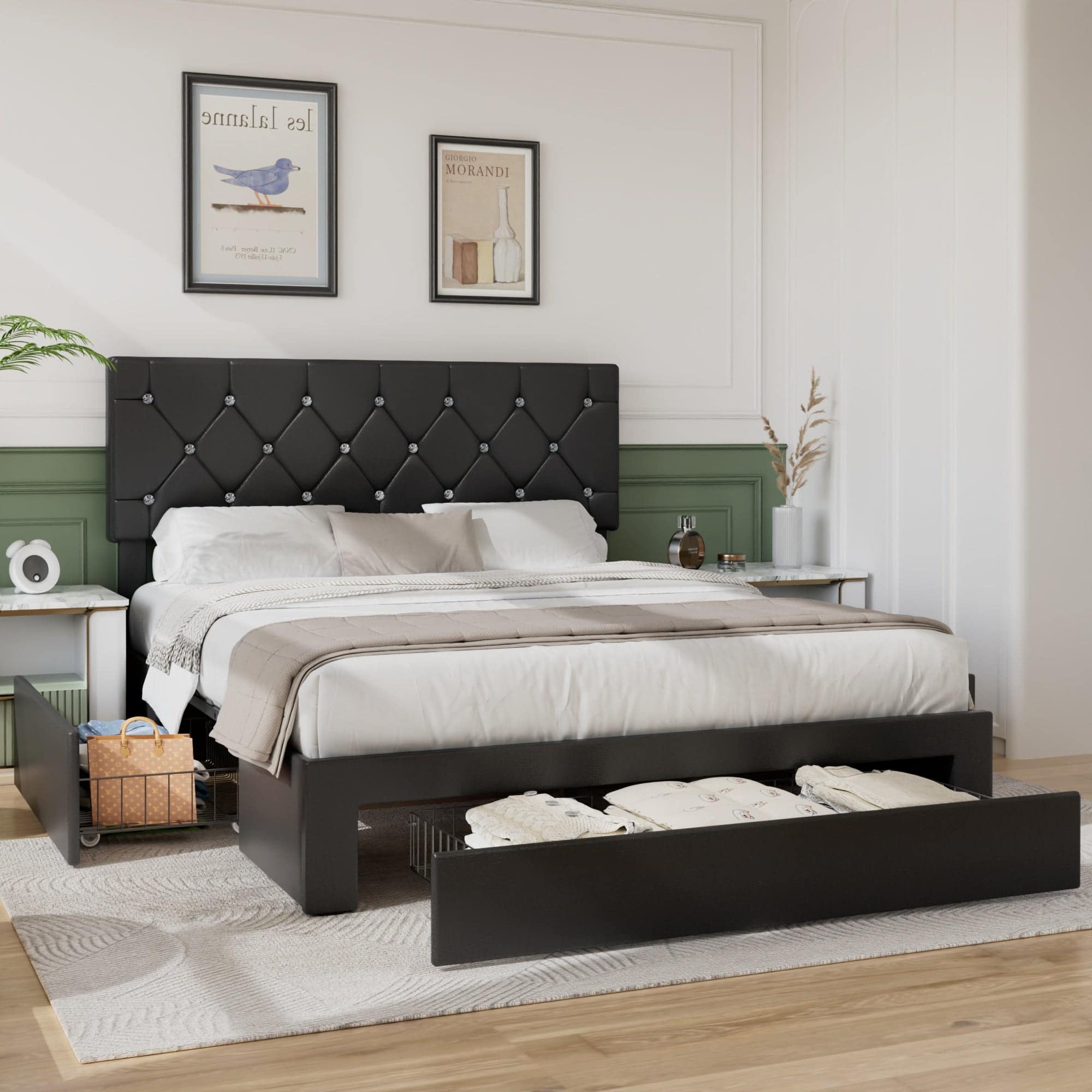 Vecelo - Queen Bed Frame with Storage Drawers, Upholstered Faux Leather Platform Bed with Adjustable Headboard and Wood Slats - Black