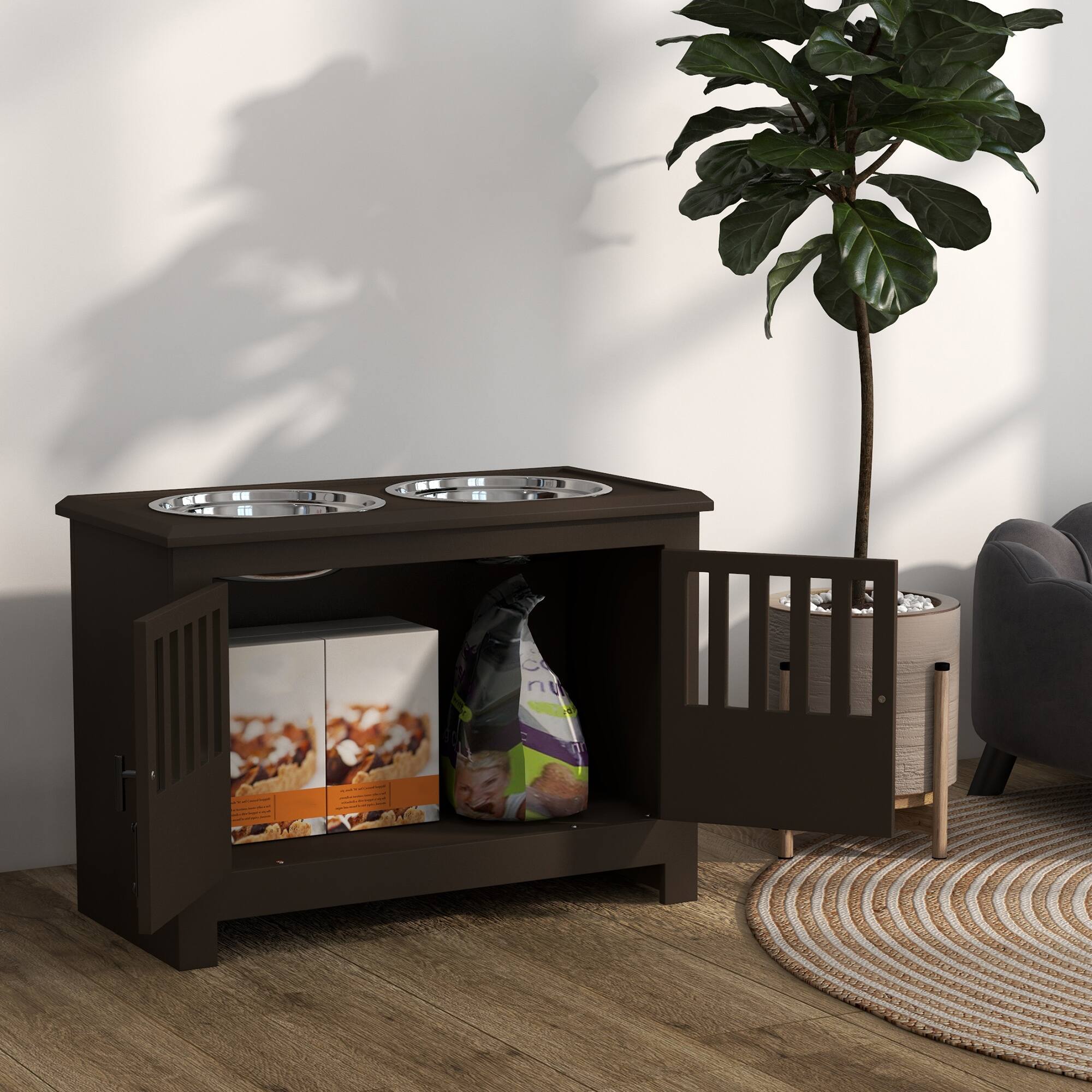 Alt View 4. Pawhut - Large Elevated Dog Bowls with Cabinet Containing 37L Capacity, Bowl Stand, Food Bowl, Feeding Station - Espresso.