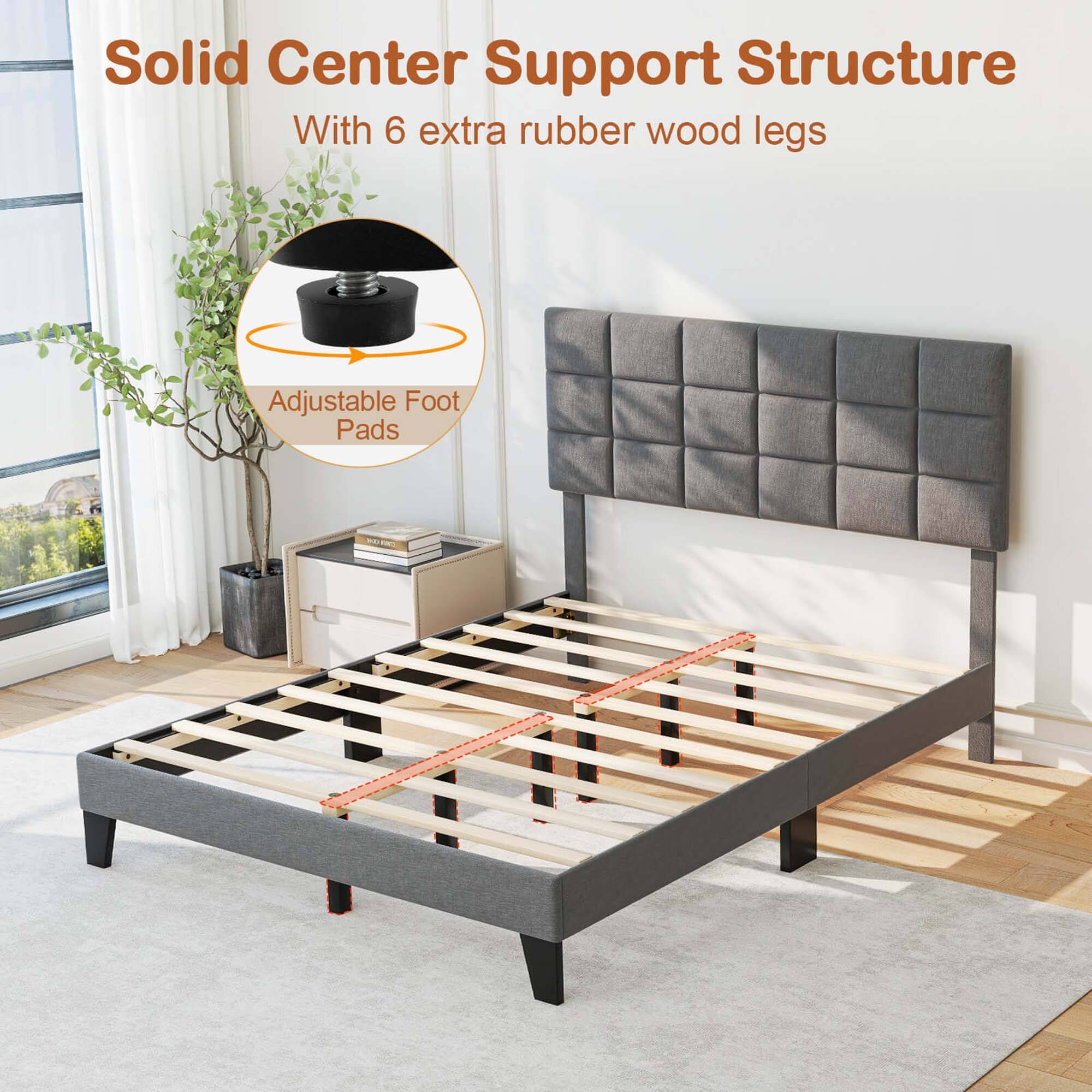 Solid Center Support Structure with 6 extra rubber wood legs and Adjustable Foot Pads.