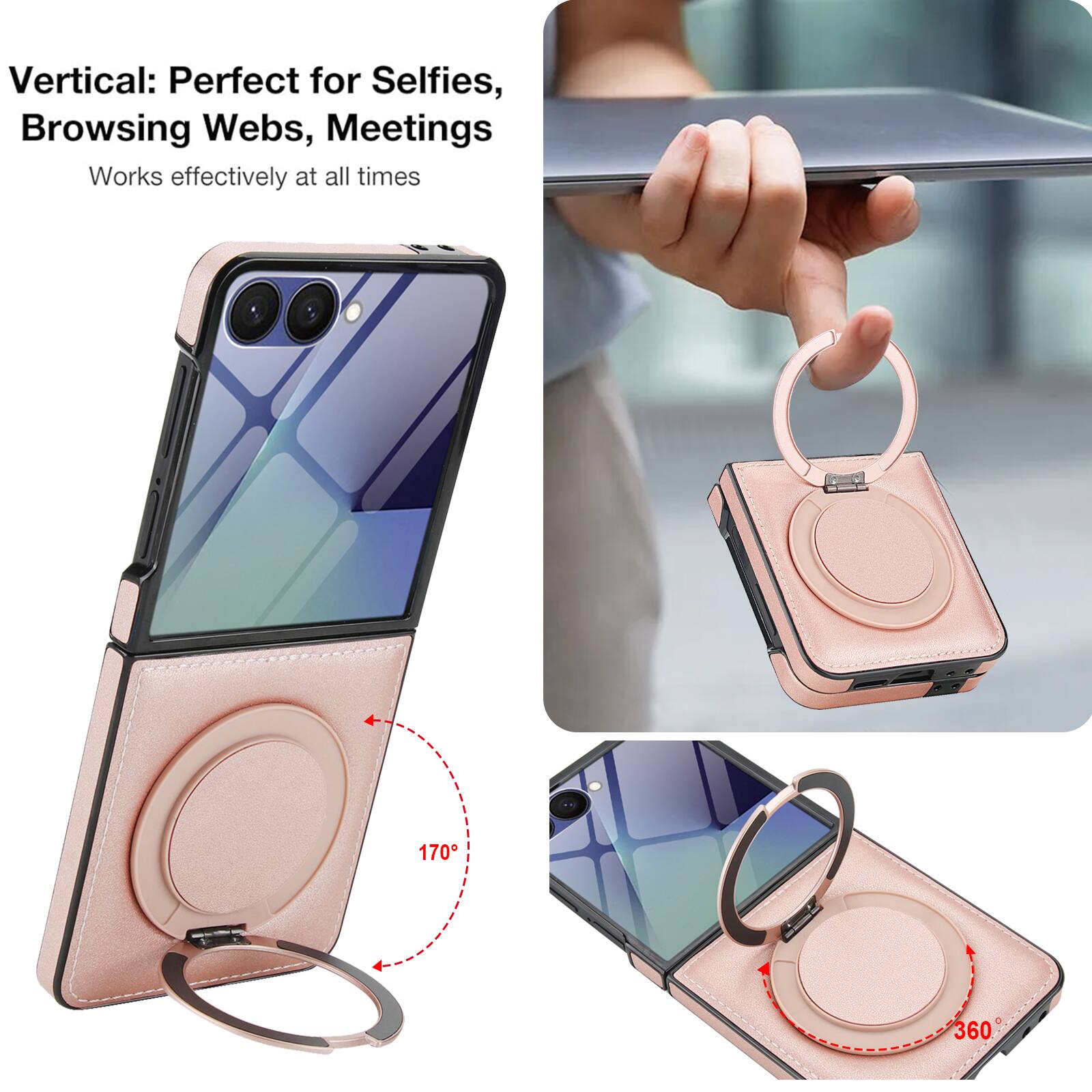 Vertical: Perfect for Selfies, Browsing Webs, Meetings  
Works effectively at all times  

170°  
360°