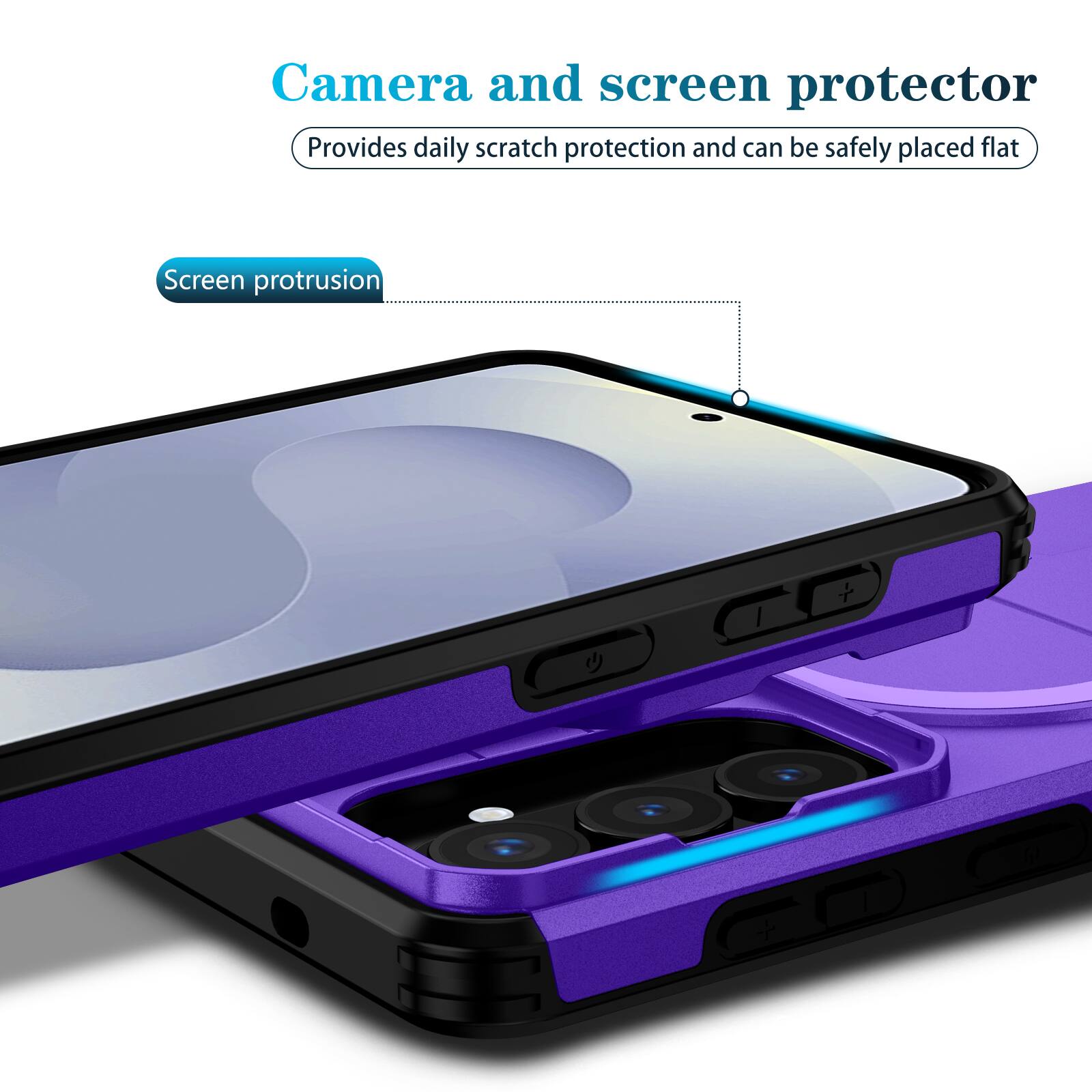 Camera and screen protector  
Provides daily scratch protection and can be safely placed flat  
Screen protrusion