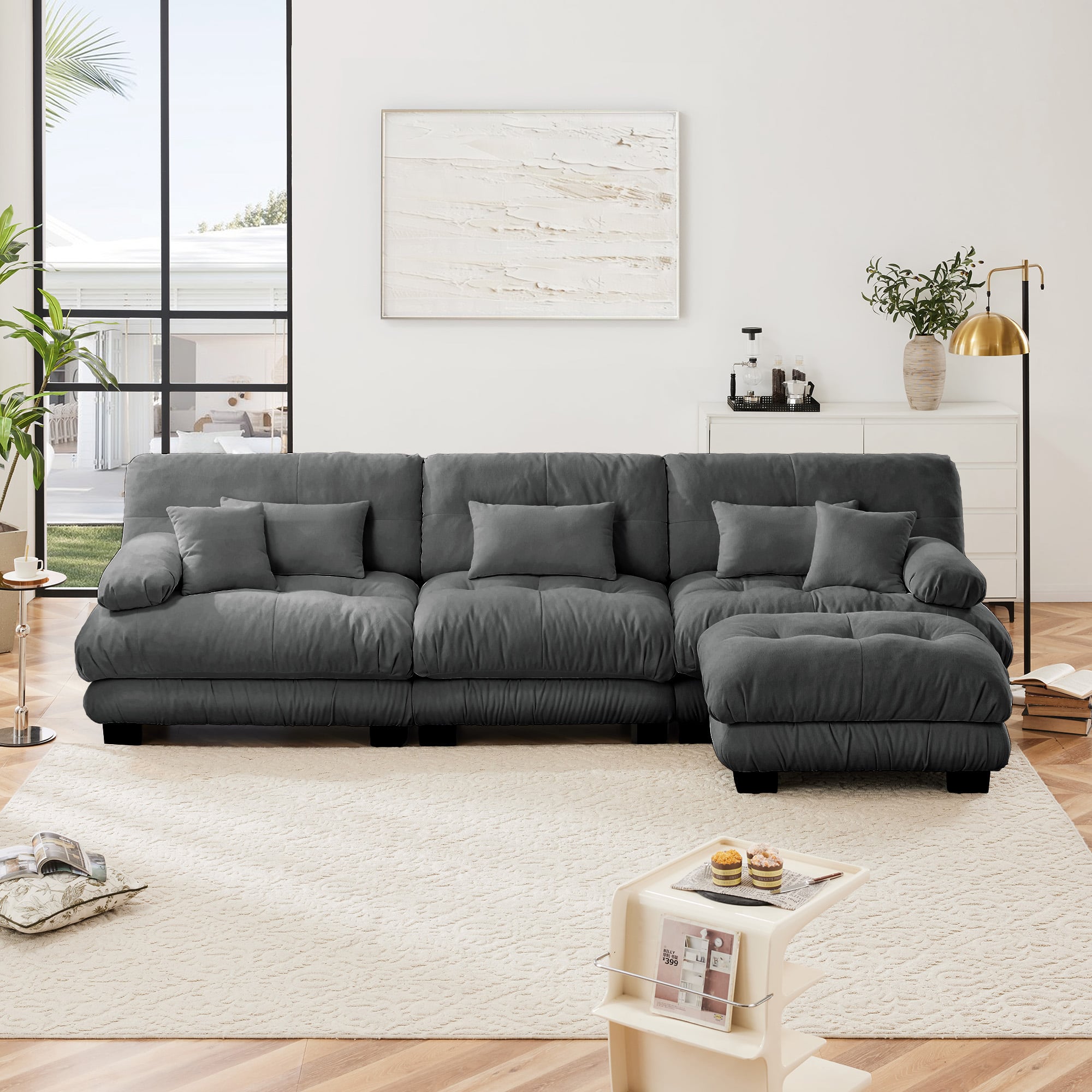 Aukfa - Super Comfort Oversized Modular Velvet Sectional Sofa with Ottoman - Deep Seat Cloud Couch, L-Shaped for Living Room - Gray