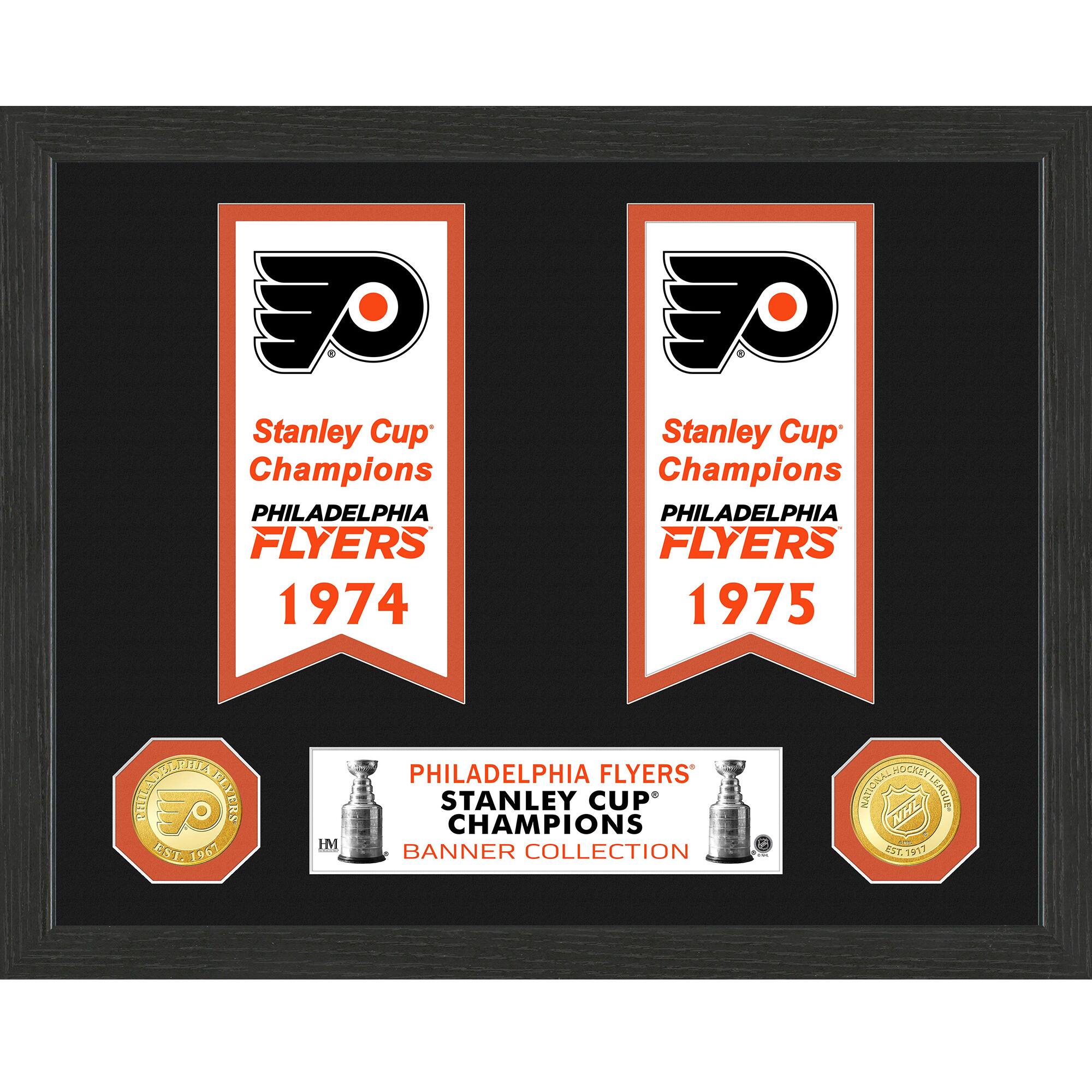 Stanley Cup Champions  
PHILADELPHIA FLYERS 1974  

Stanley Cup Champions  
PHILADELPHIA FLYERS 1975  

PHILADELPHIA FLYERS  
EST. 1961  

PHILADELPHIA FLYERS' STANLEY CUP CHAMPIONS BANNER COLLECTION  

NATIONAL HOCKEY LEAGUE  
EST. 1917