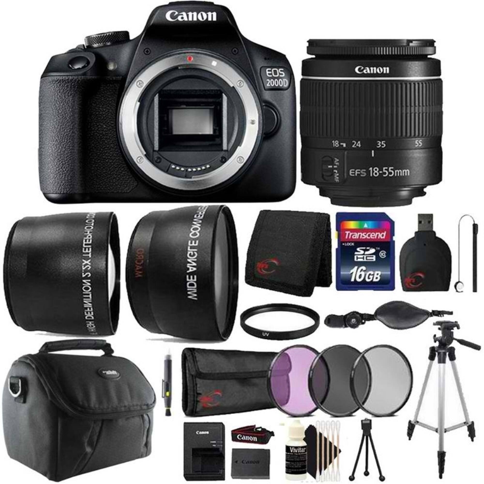 Canon - EOS 2000D / Rebel T7 24.1MP DSLR Camera + 18-55mm Lens + 16GB Accessory Bundle - Black