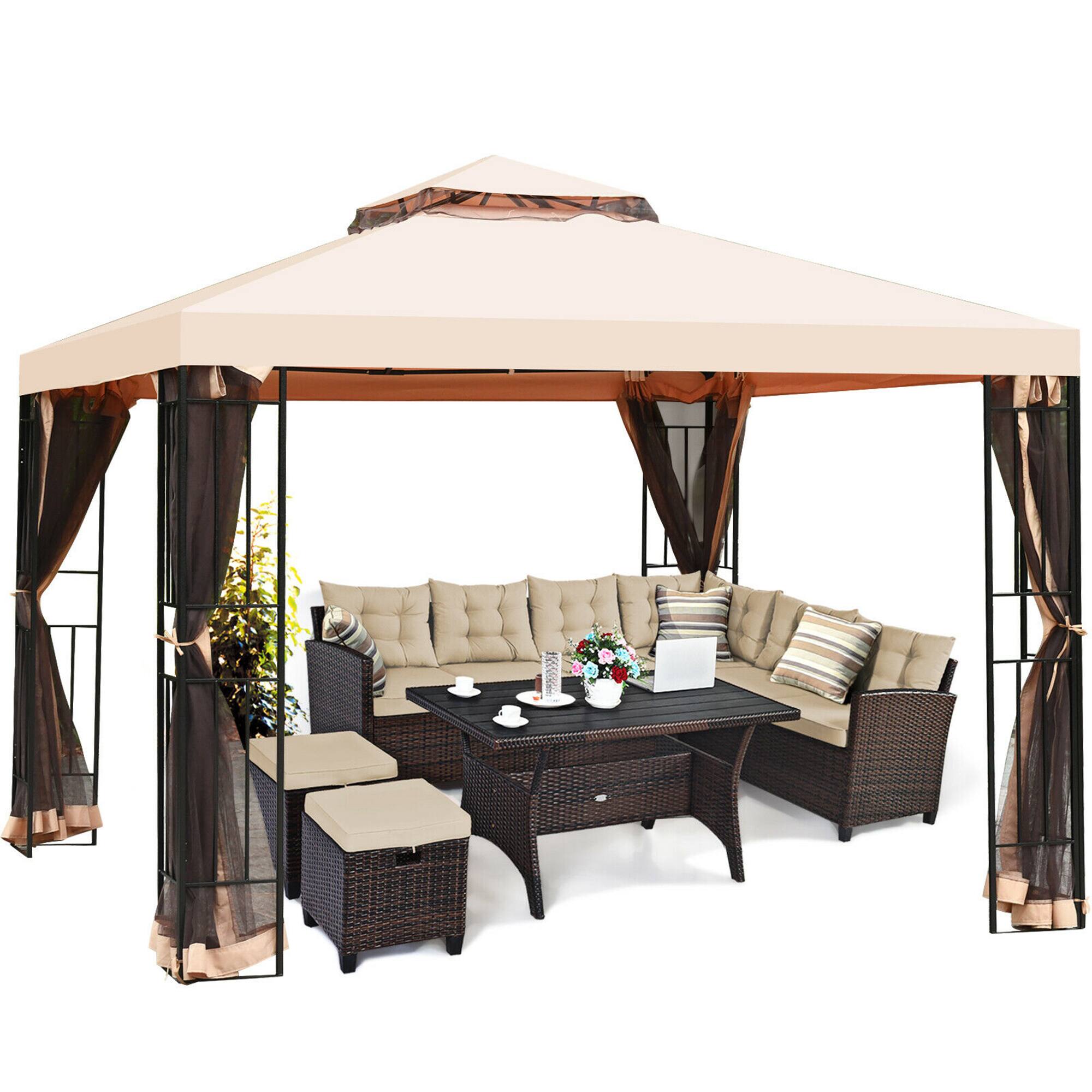 Alt View 3. Gymax - Gymax 10x10ft Metal Gazebo W/ Mosquito Netting Canopy Gazebo 2 Tier Vented Gazebo Top - Light brown.