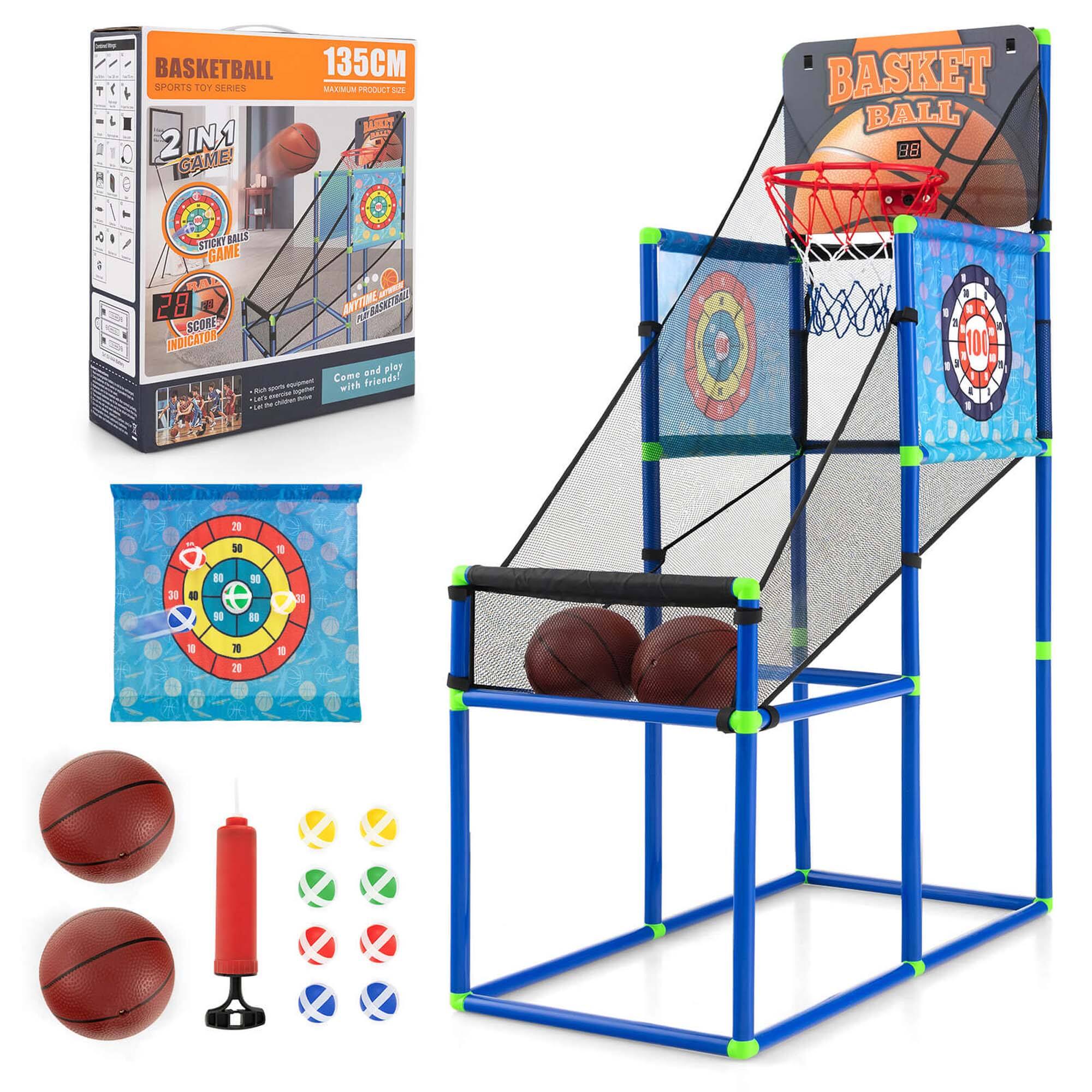 Costway - 2-in-1 Kids Basketball Arcade & Sticky Balls Game w/Electronic Scoreboard Sound - Blue