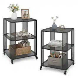 Gymax - 2PCS End Table w/Wheels Rolling Side Table w/Open Storage Shelves Metal Frame - Black