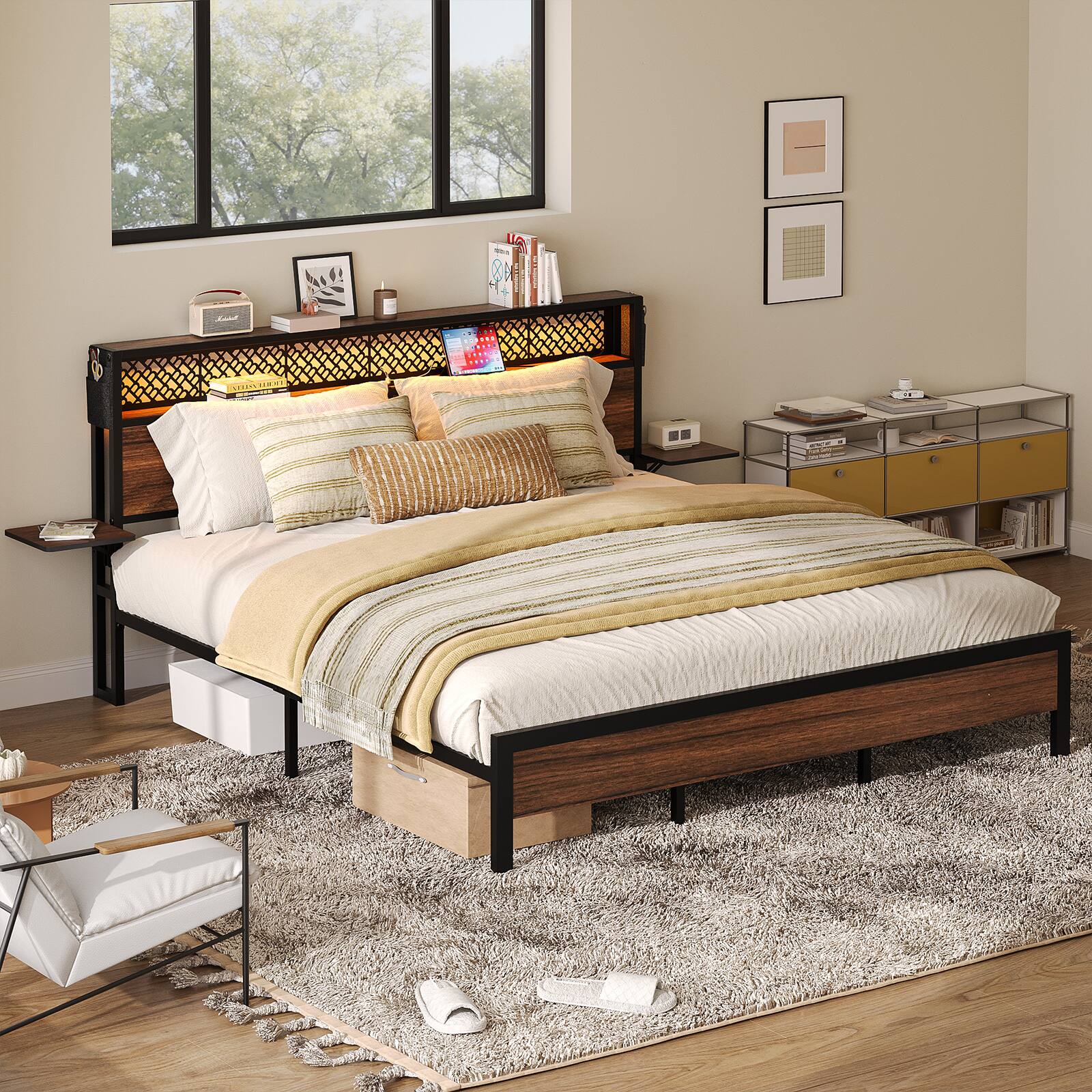 Alt View 1. Bestier - Queen Gaming Bed Frame with Headboard Foldable Shelves LED Lighting Charging Station Non-Slip Metal - Ancona Walnut.