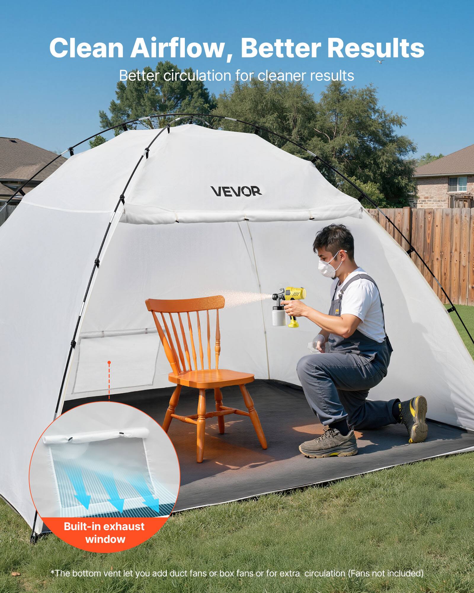 Clean Airflow, Better Results  
Better circulation for cleaner results  

VEVOR  

Built-in exhaust window  

*The bottom vent lets you add duct fans or box fans or for extra circulation (Fans not included)