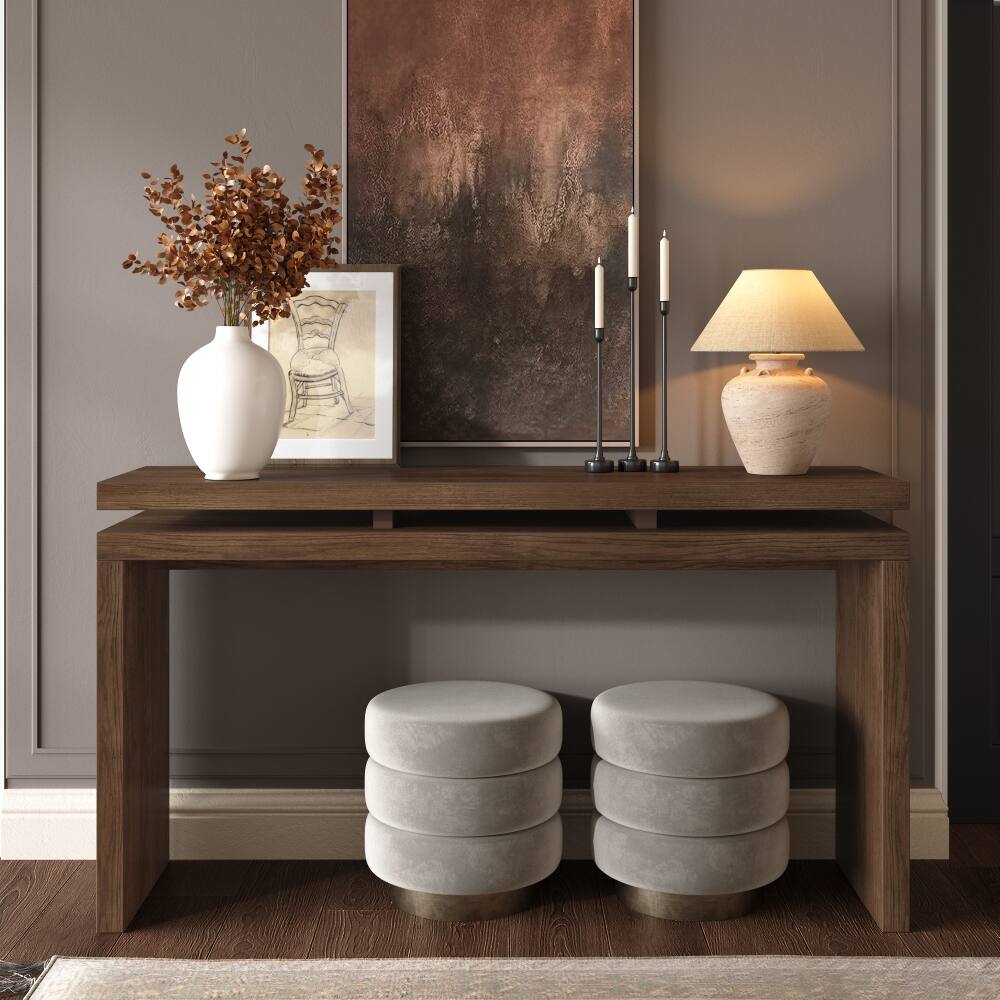 Angle. Loheer - Loheer 60 inch antique brown farmhouse console table, retro wooden entryway table with double board suspension - Antique brown.