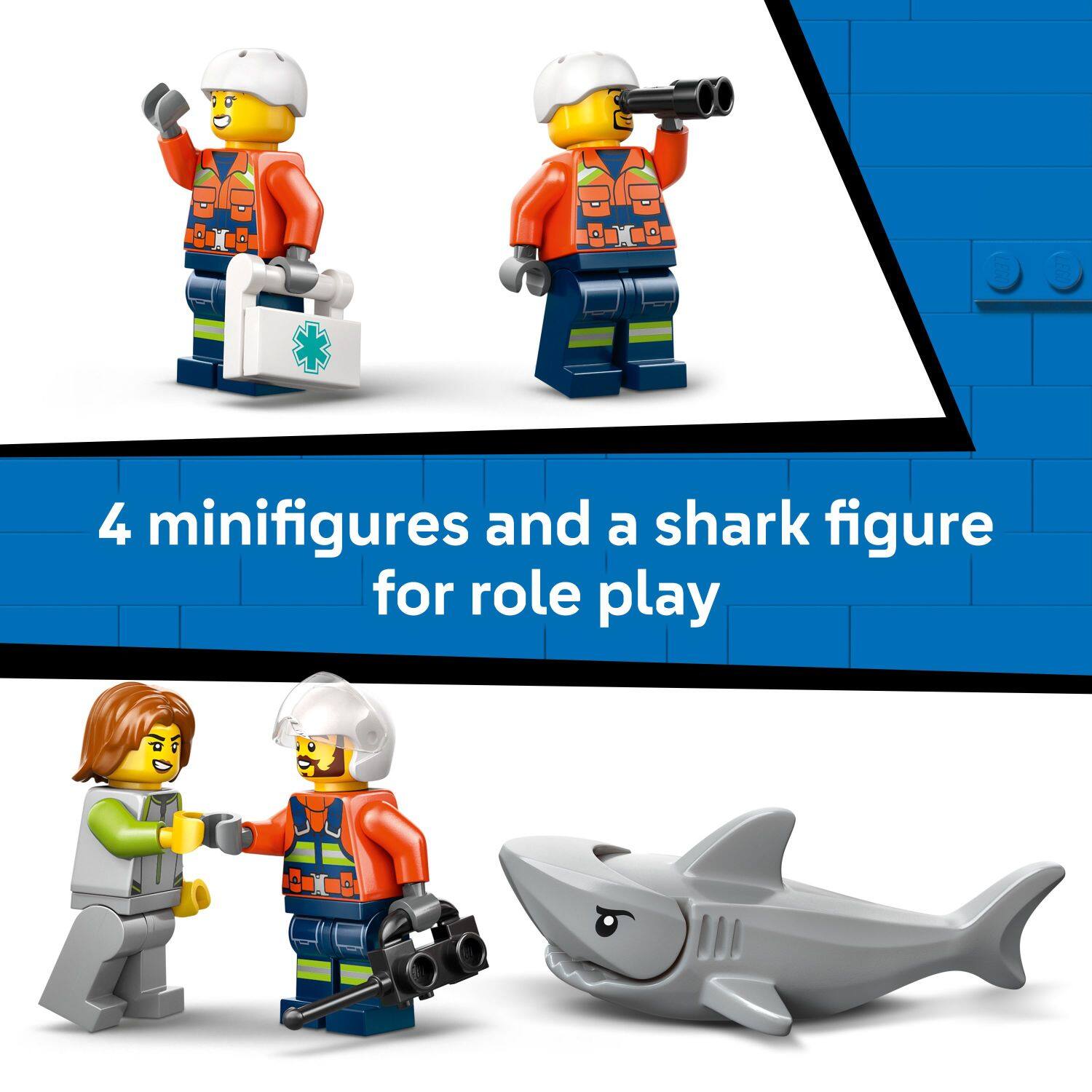 4 minifigures and a shark figure for role play