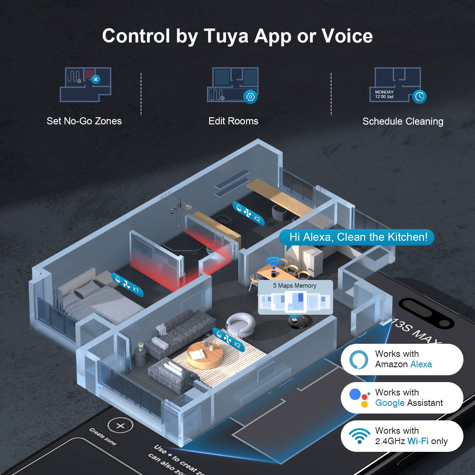 Control by Tuya App or Voice

- Set No-Go Zones
- Edit Rooms
- Schedule Cleaning

Hi Alexa, Clean the Kitchen!

5 Maps Memory

Works with Amazon Alexa
Works with Google Assistant
Works with 2.4GHz Wi-Fi only