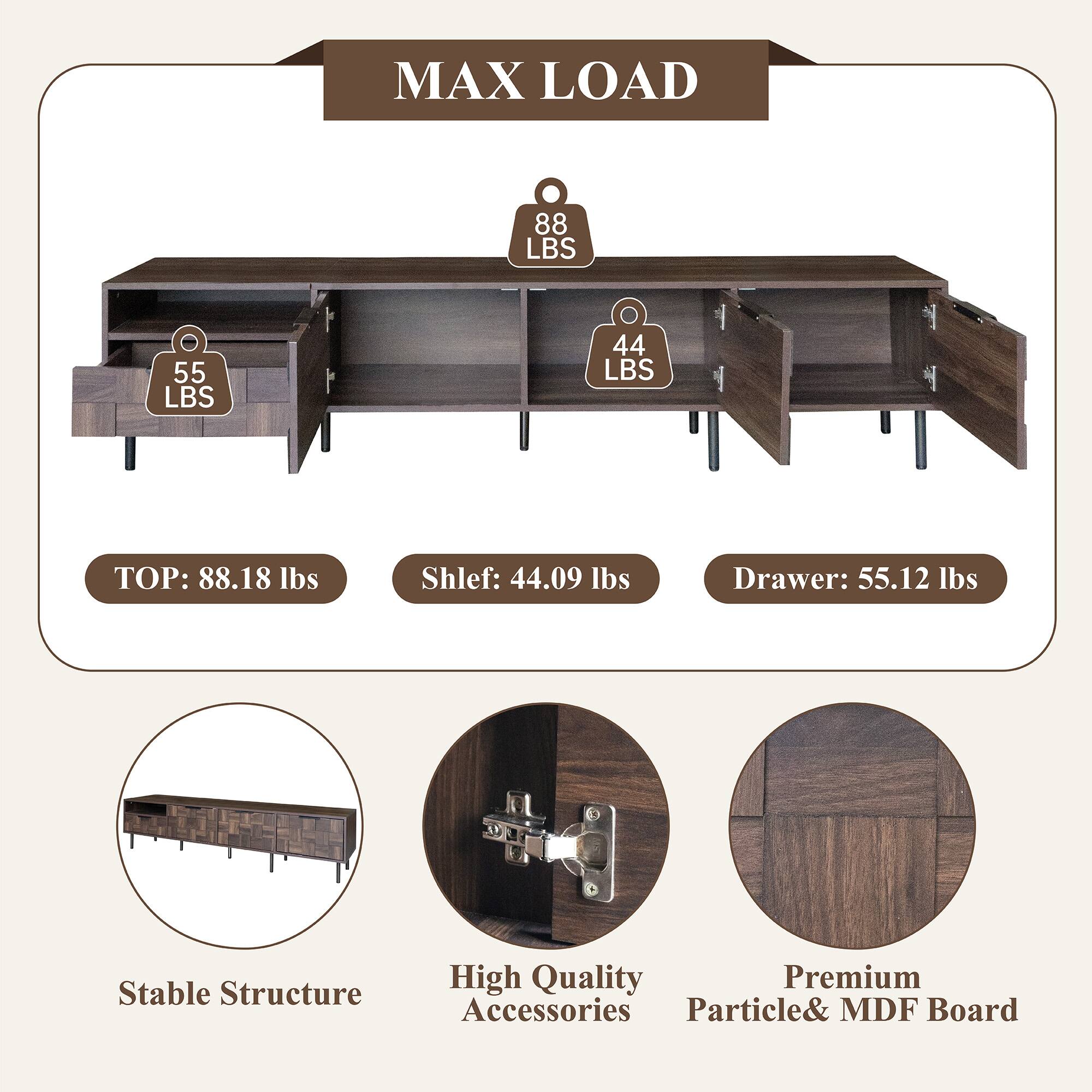 MAX LOAD

88 LBS
55 LBS
44 LBS

TOP: 88.18 lbs
Shelf: 44.09 lbs
Drawer: 55.12 lbs

Stable Structure
High Quality Premium Accessories Particle & MDF Board