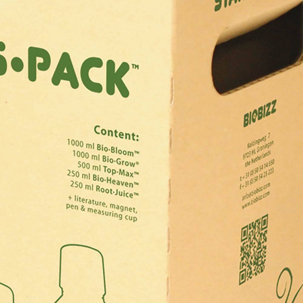 PACK Content:  
1000 ml Bio-Bloom  
1000 ml Bio-Grow  
500 ml Top-Max  
250 ml Bio-Heaven  
250 ml Root-Juice  
+ literature, magnet, pen & measuring cup  

BIOBIZZ  
Koldingvej 9723  
Sroningen 550  
54 N 31 03 25 225  
S4 1il com 2