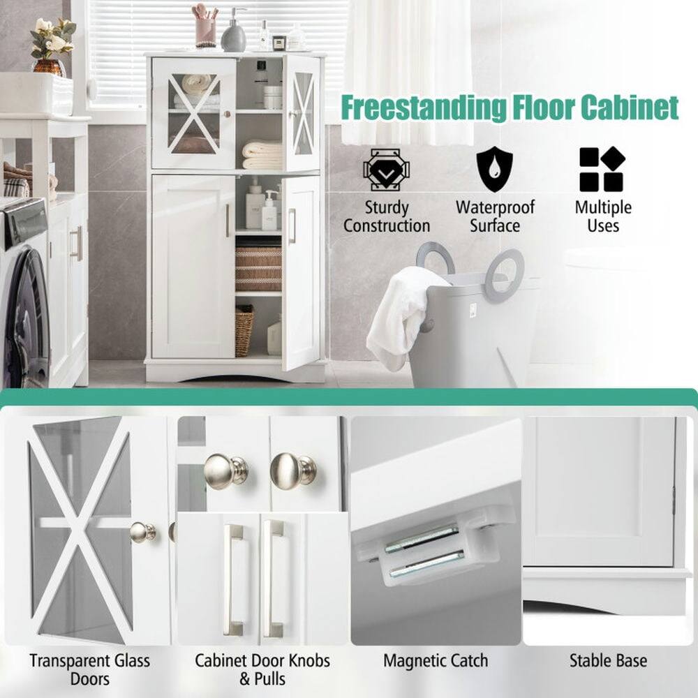 Freestanding Floor Cabinet

- Sturdy Construction
- Waterproof Surface
- Multiple Uses
- Transparent Glass Doors
- Cabinet Door Knobs & Pulls
- Magnetic Catch
- Stable Base