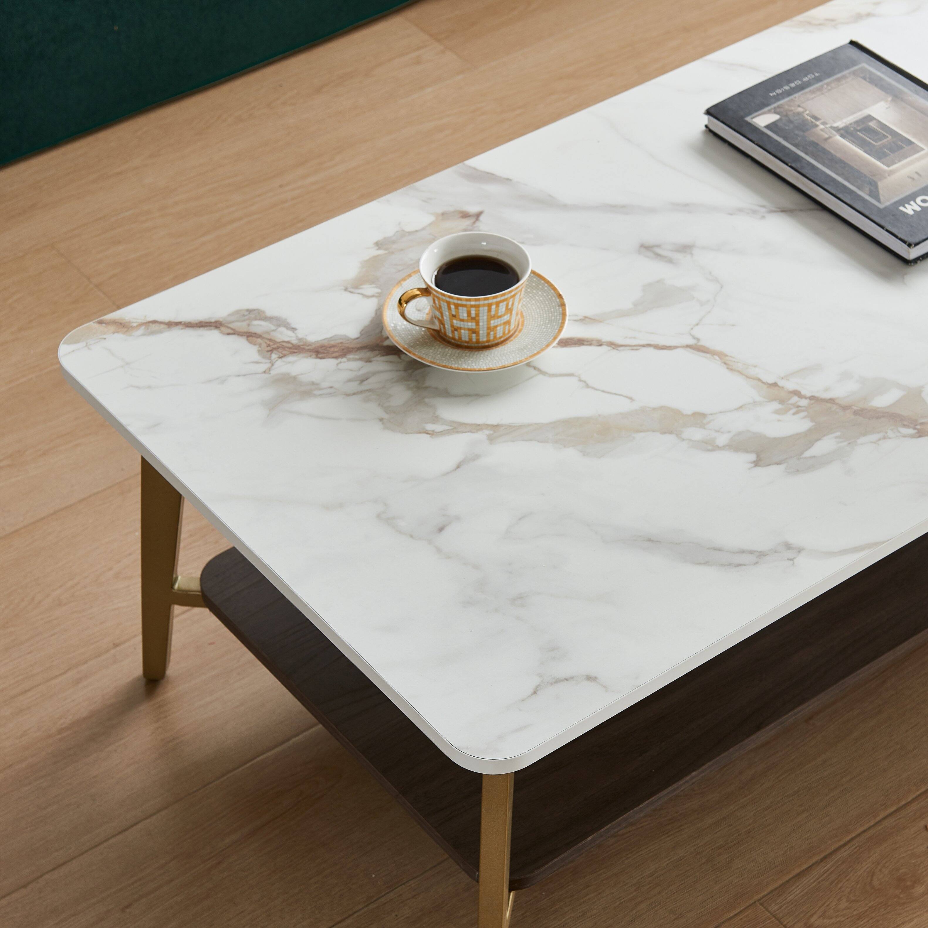 Alt View 4. Tiramisubest - Coffee Table,Rectangular Center Table for Living Room,Open Space Side Table with Metal Frame - Golden+White.