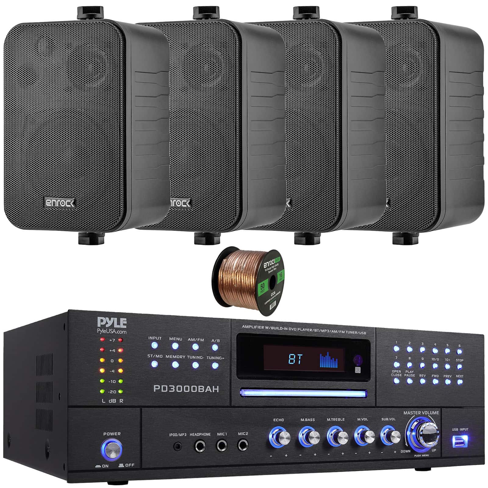 Enrock - Pyle PD3000BAH 4-Channel HDMI, FM Radio, CD/DVD Bluetooth Home Audio Receiver, 4x 4" 30W Indoor/Outdoor Speakers w/Wire