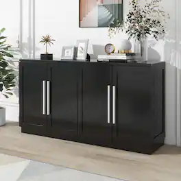 Mirfee - Sideboard with 4 Doors, Large Storage, Adjustable Shelves, Silver Handles, for Kitchen Dining - Black