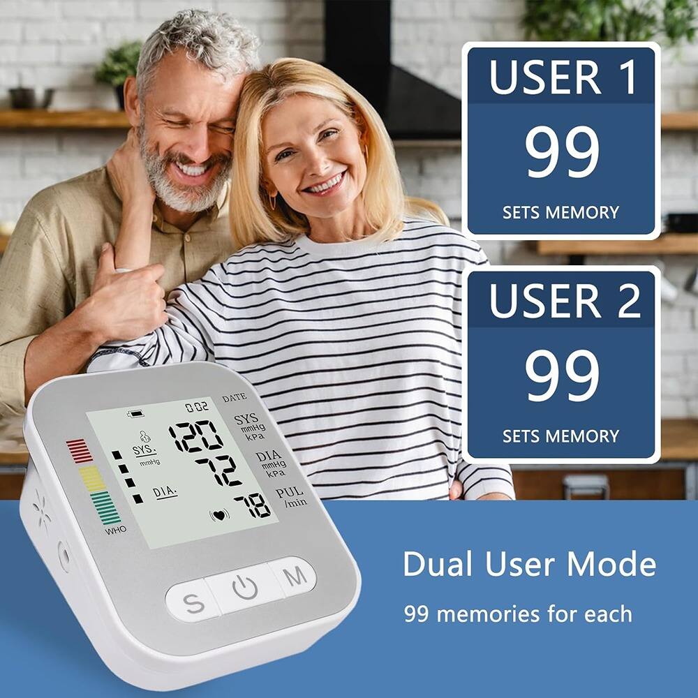 USER 1  
99 SETS MEMORY  

USER 2  
99 SETS MEMORY  

Dual User Mode  
99 memories for each  

SYS 120 mmHg  
DIA 72 mmHg  
PUL 78 /min  

WHO M