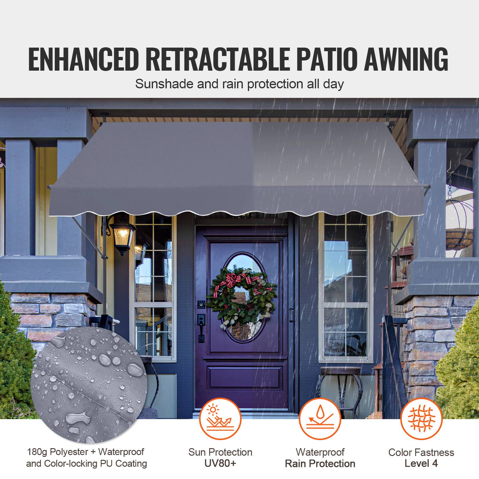 ENHANCED RETRACTABLE PATIO AWNING
Sunshade and rain protection all day
180g Polyester + Waterproof and Color-locking PU Coating
Sun Protection UV80+
Waterproof Rain Protection
Color Fastness Level 4