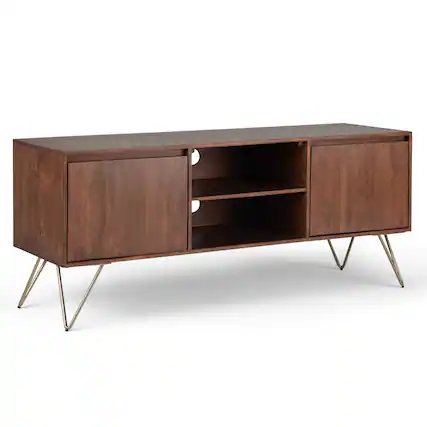 Front. Simpli Home - Hunter SOLID MANGO WOOD TV Media Stand in Umber Brown, Gold For TVs up to 65 inches - Umber Brown, Gold.