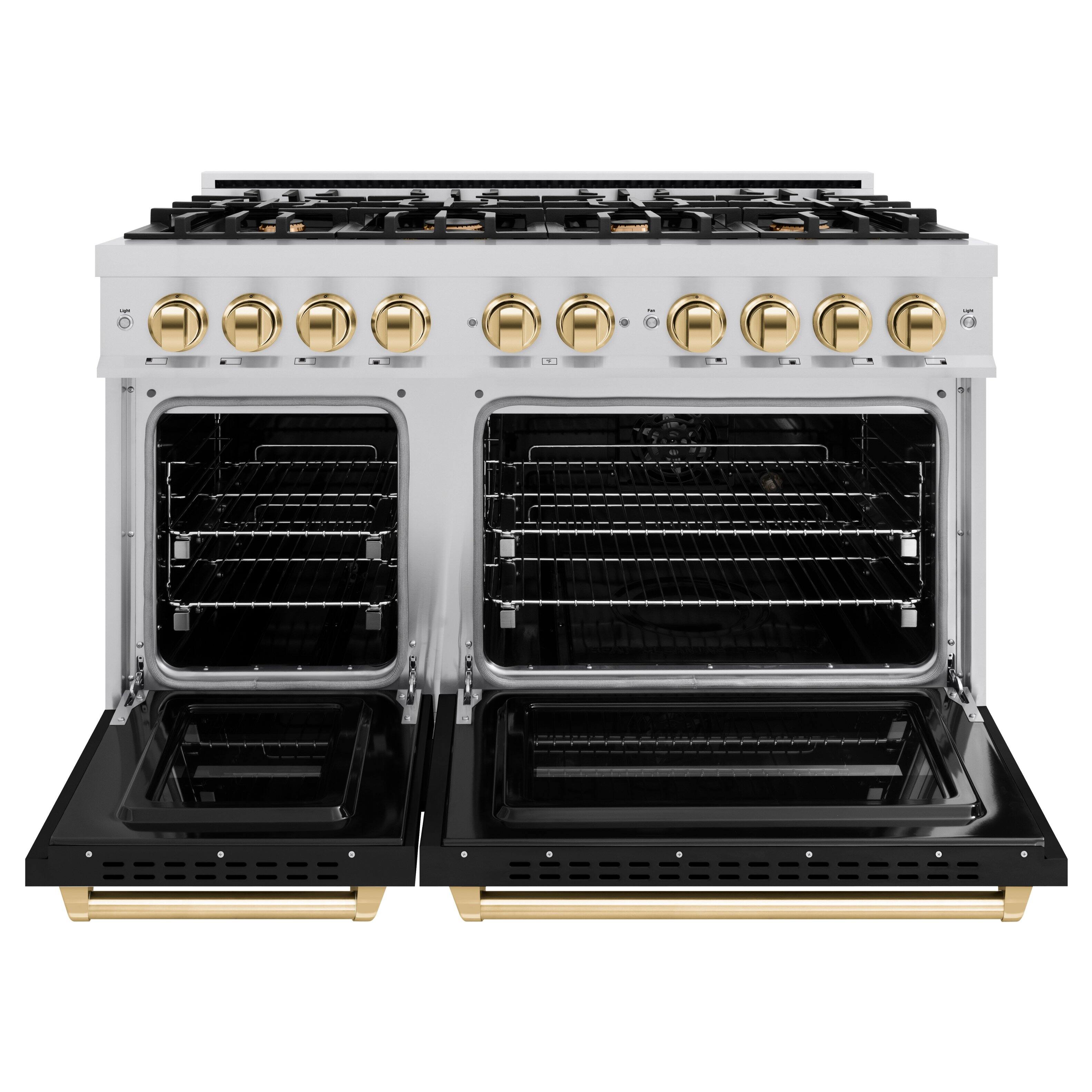 Left. ZLINE - ZLINE Autograph 48" 6.7 cu. ft. Freestanding Classic Double Oven Gas Range w/ Black Doors & Gold Accents (CGRZ-BLM-48-G) - Black Matte.