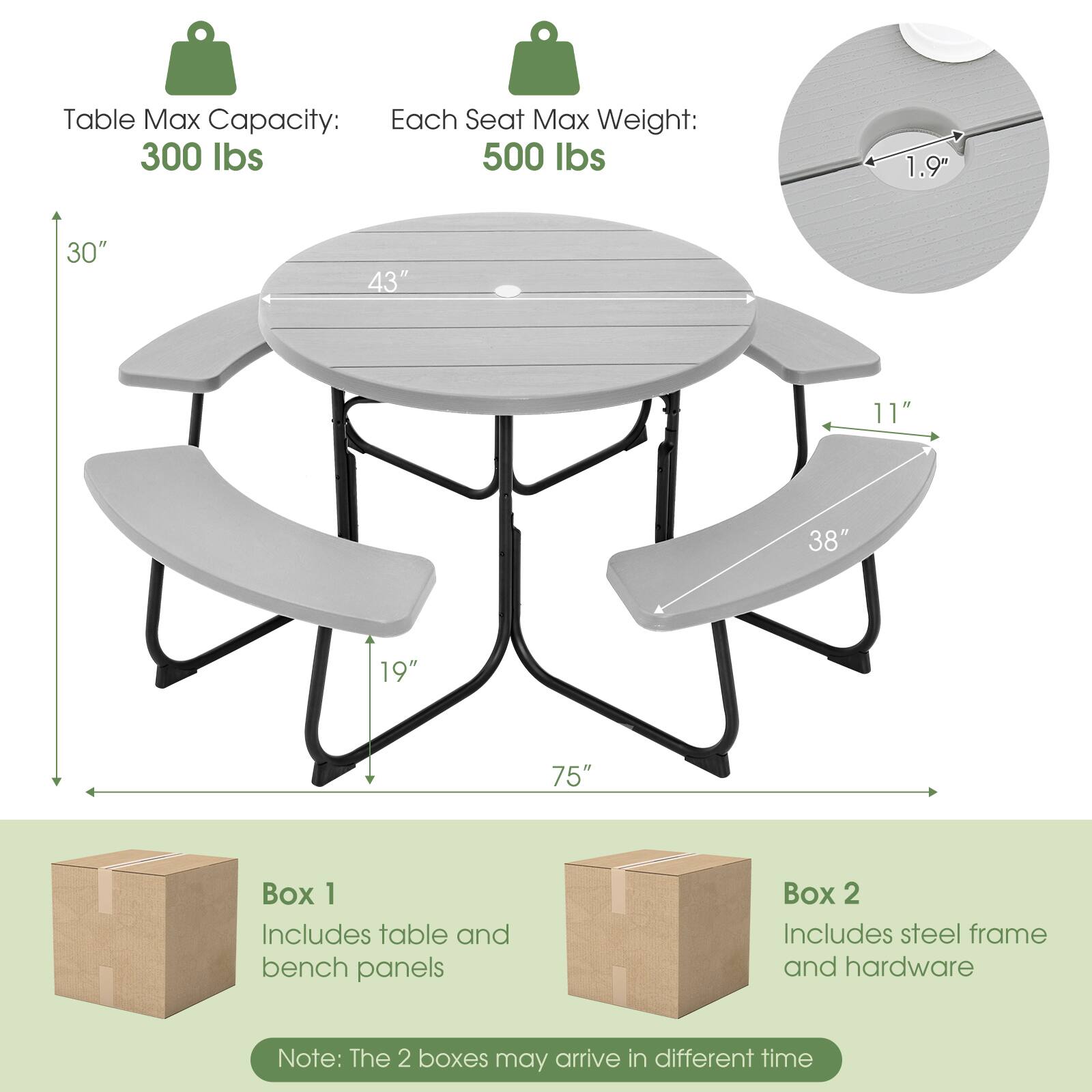 Table Max Capacity: 300 lbs  
Each Seat Max Weight: 500 lbs  

Dimensions:  
- Table Diameter: 43"  
- Table Height: 30"  
- Seat Width: 38"  
- Seat Depth: 19"  
- Seat Height: 11"  
- Overall Length: 75"  
- Hole Diameter: 1.9"  

Box 1: Includes table and bench panels  
Box 2: Includes steel frame and hardware  

Note: The 2 boxes may arrive in different time