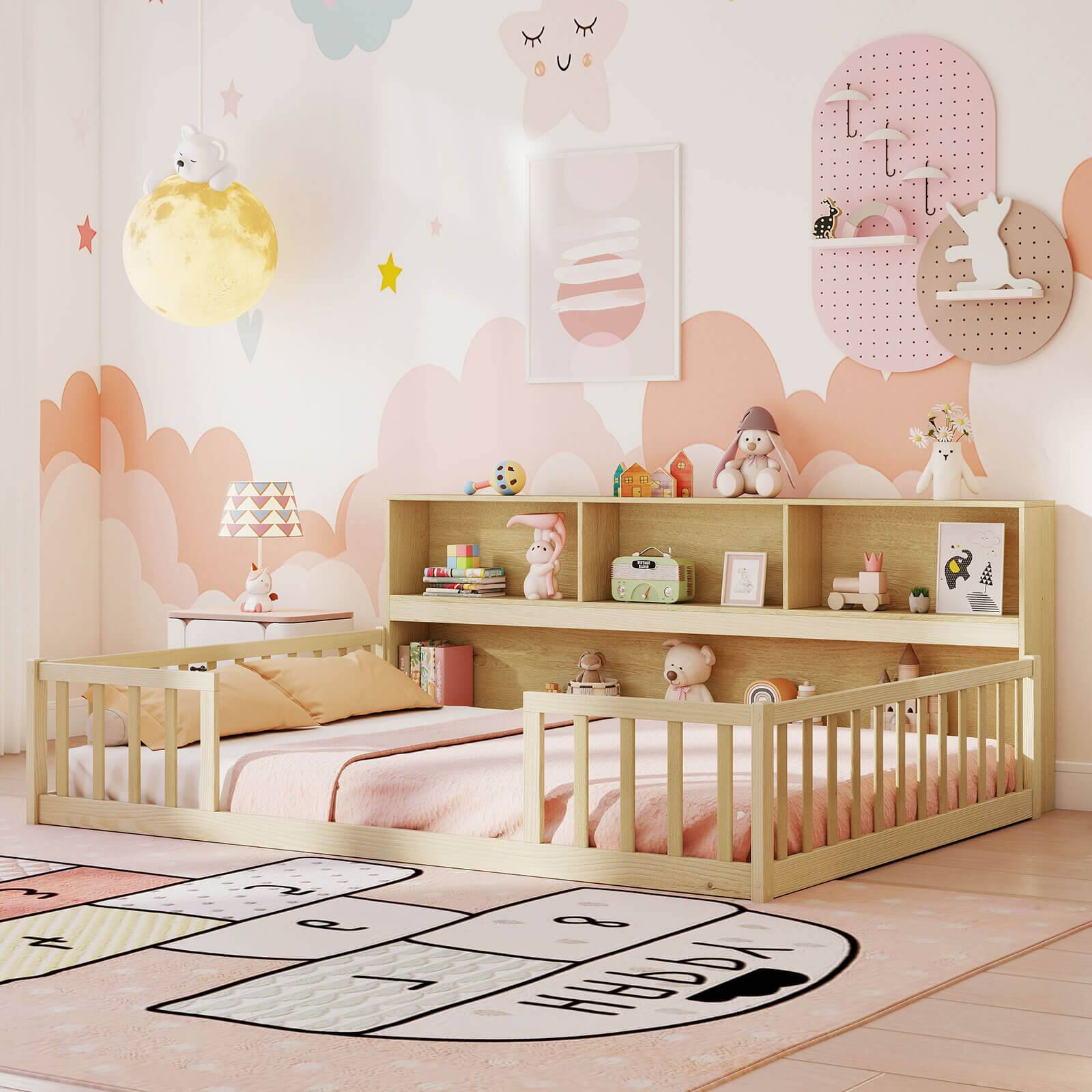 Alt View 4. Costway - Costway Full Size Montessori Floor Bed with Bookcase Storage Shelves & Safety Fence Rails - Natural.