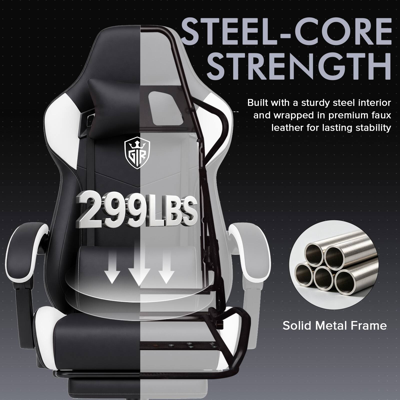 STEEL-CORE STRENGTH  
Built with a sturdy steel interior and wrapped in premium faux leather for lasting stability  
299LBS  
Solid Metal Frame