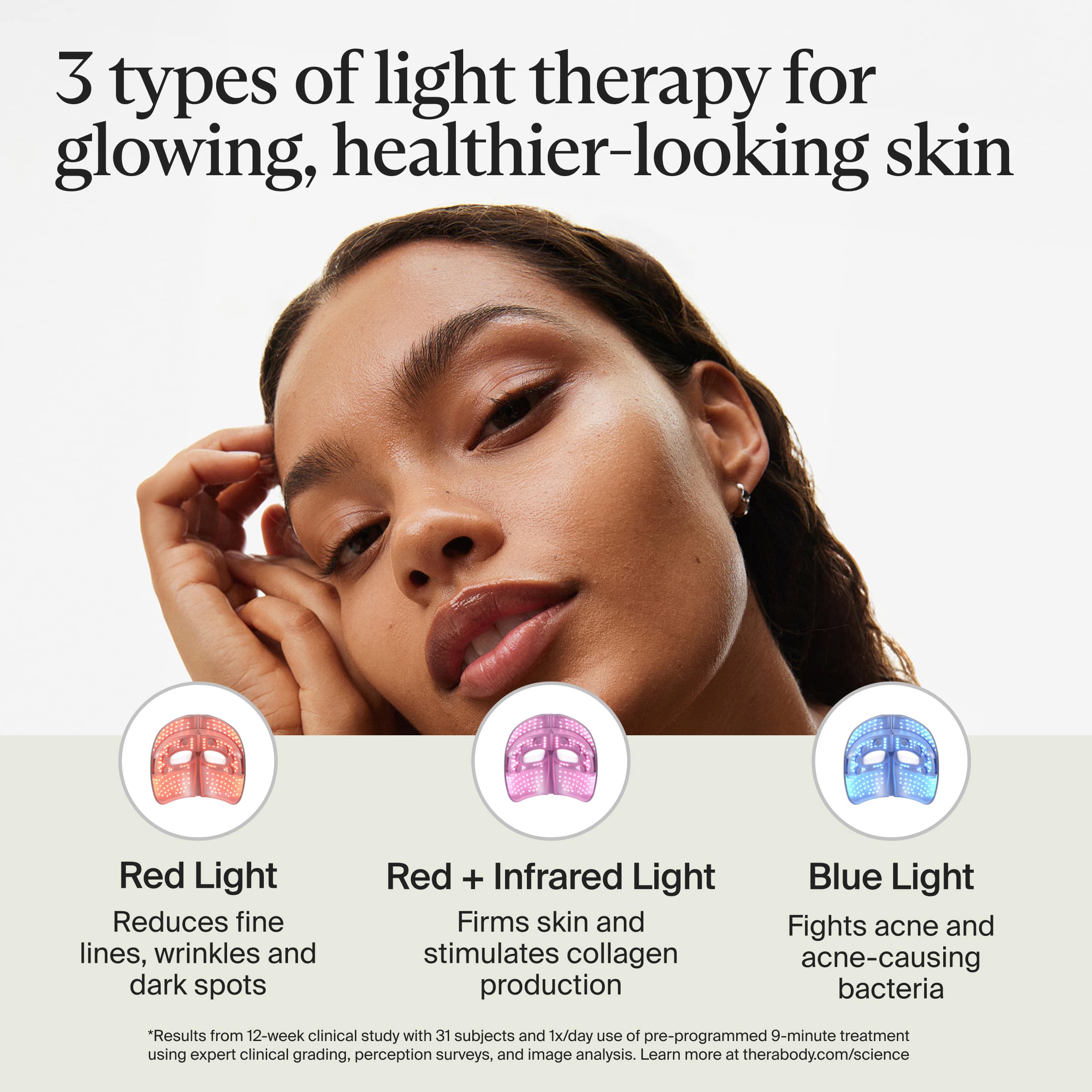 3 types of light therapy for glowing, healthier-looking skin
Red Light
Reduces fine lines, wrinkles, and dark spots
Red + Infrared Light
Firms skin and stimulates collagen production
Blue Light
Fights acne and acne-causing bacteria
*Results from 12-week clinical study with 31 subjects and 1x/day use of pre-programmed 9-minute treatment using expert clinical grading, perception surveys, and image analysis. Learn more at therabody.com/science