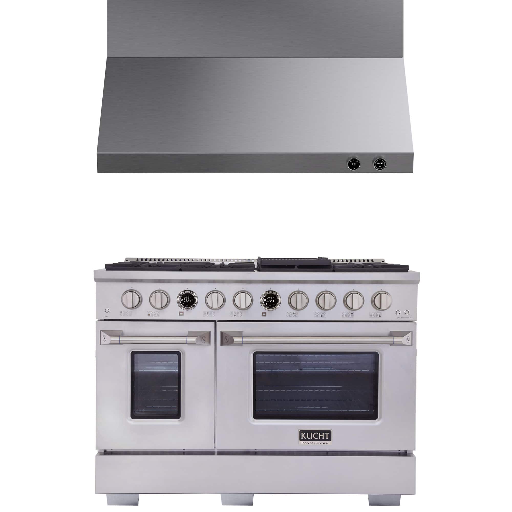 Kucht - 48 in. 6.7 cu. ft. 8 Burners Dual Fuel Range for Natural Gas in Stainless Steel + Wall Mount Range Hood - Stainless Steel