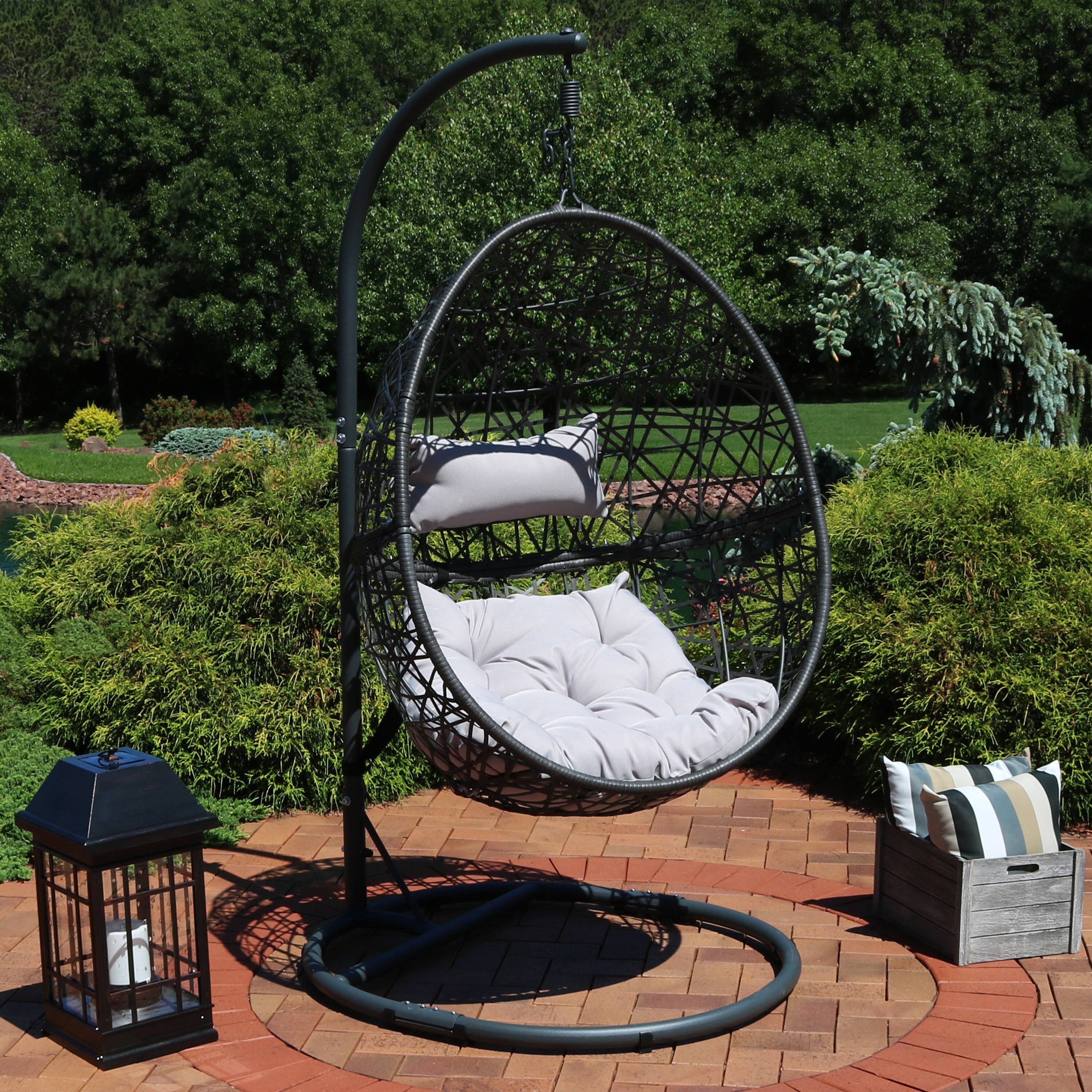 Alt View 3. Sunnydaze - Resin Wicker Hanging Egg Chair with Steel Stand/Cushions - Gray Cushions.