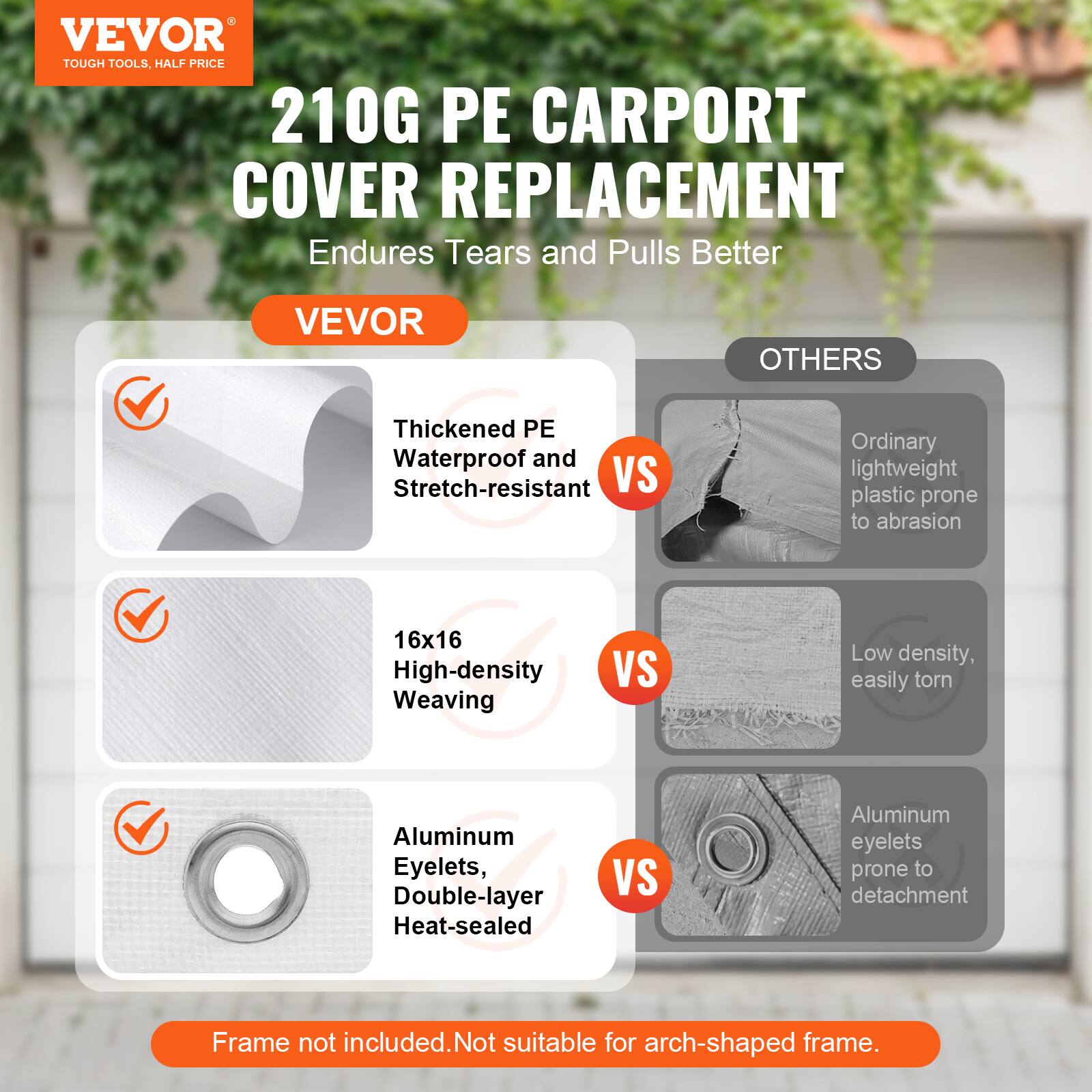 VEVOR TOUGH TOOLS, HALF PRICE
210G PE CARPORT COVER REPLACEMENT
Endures Tears and Pulls Better

VEVOR
Thickened PE Waterproof and Stretch-resistant
VS
Ordinary lightweight plastic prone to abrasion

16x16 High-density Weaving
VS
Low density, easily torn

Aluminum Eyelets, Double-layer Heat-sealed
VS
Aluminum eyelets prone to detachment

Frame not included. Not suitable for arch-shaped frame.
