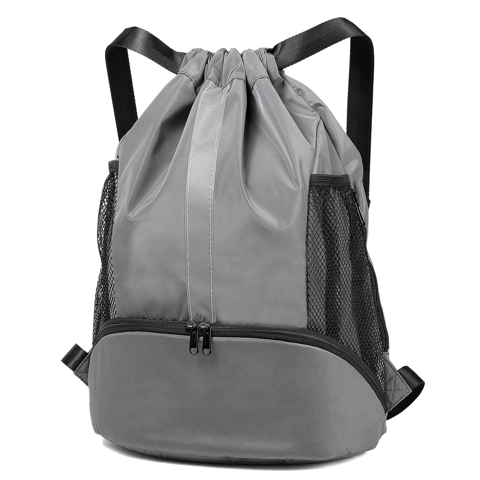 Front. Cozy Serene - Drawstring Backpack Sports Gym Bag With Shoe Compartment And Two Water Bottle Holder ... - Solid Grey-Drawstring With Wet Proof Pocket.