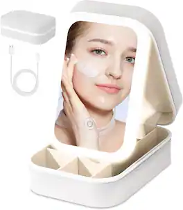 Stamp n Camp - Small Travel LED Makeup Mirror Case with 3 Adjustable Color Light Settings, Dust-Proof Jewelry Box - White