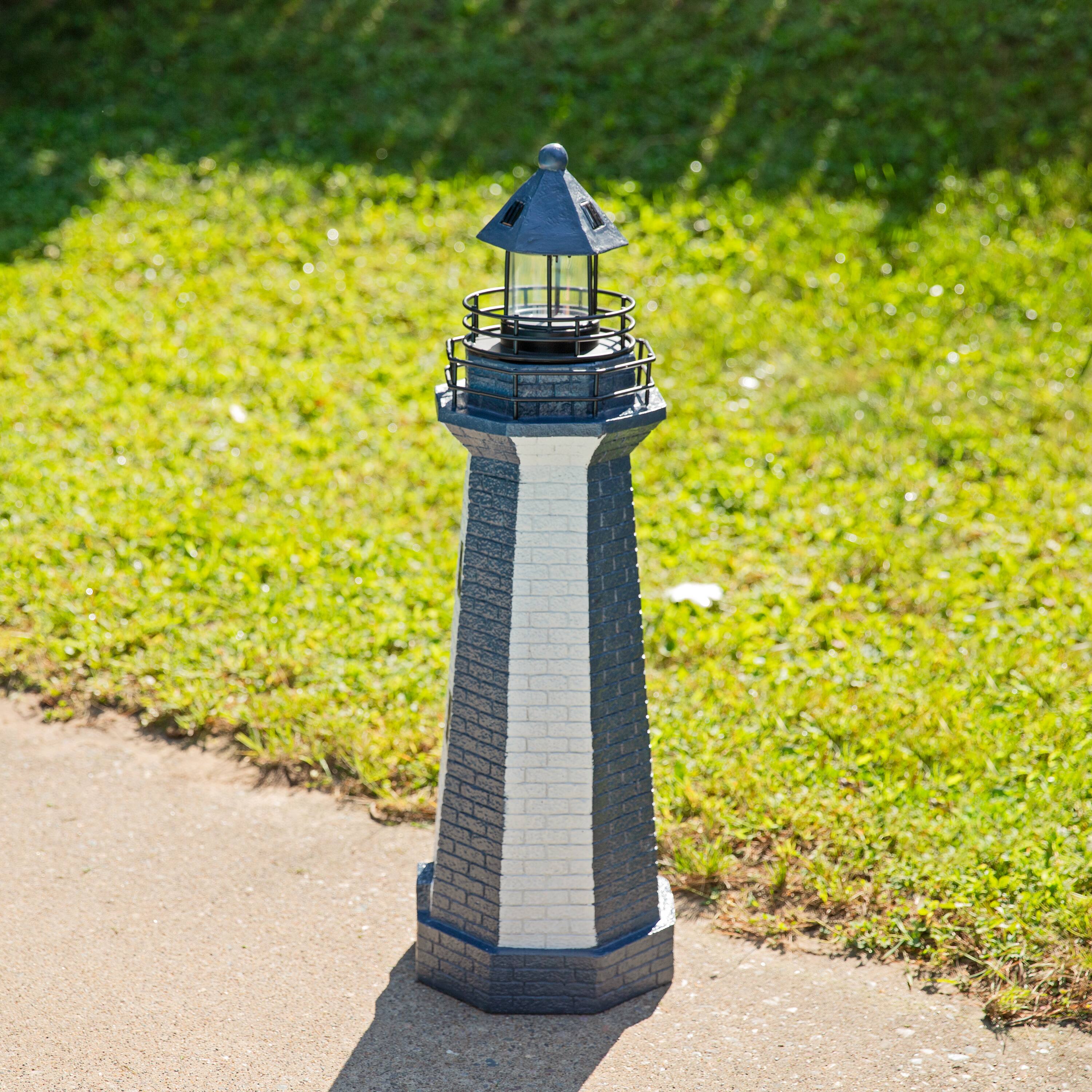 Alt View 4. Sunnydaze - 36 in Resin and Metal Solar LED Lighthouse Statue - Blue Stripe.