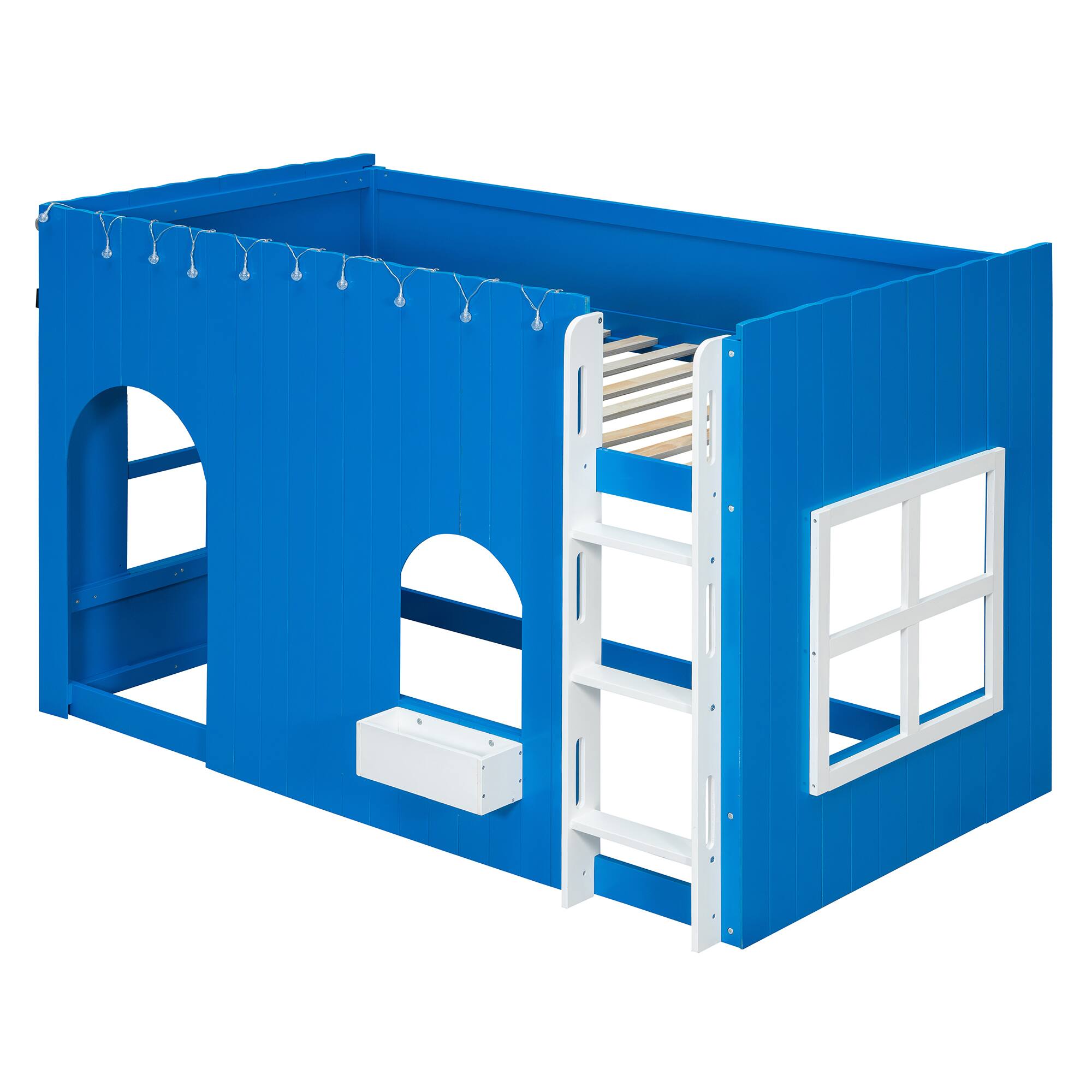 Back. Whisen - Kids Loft Bed with LED Light String,Cottage-Style Play House Bed with Guardrails - Blue.