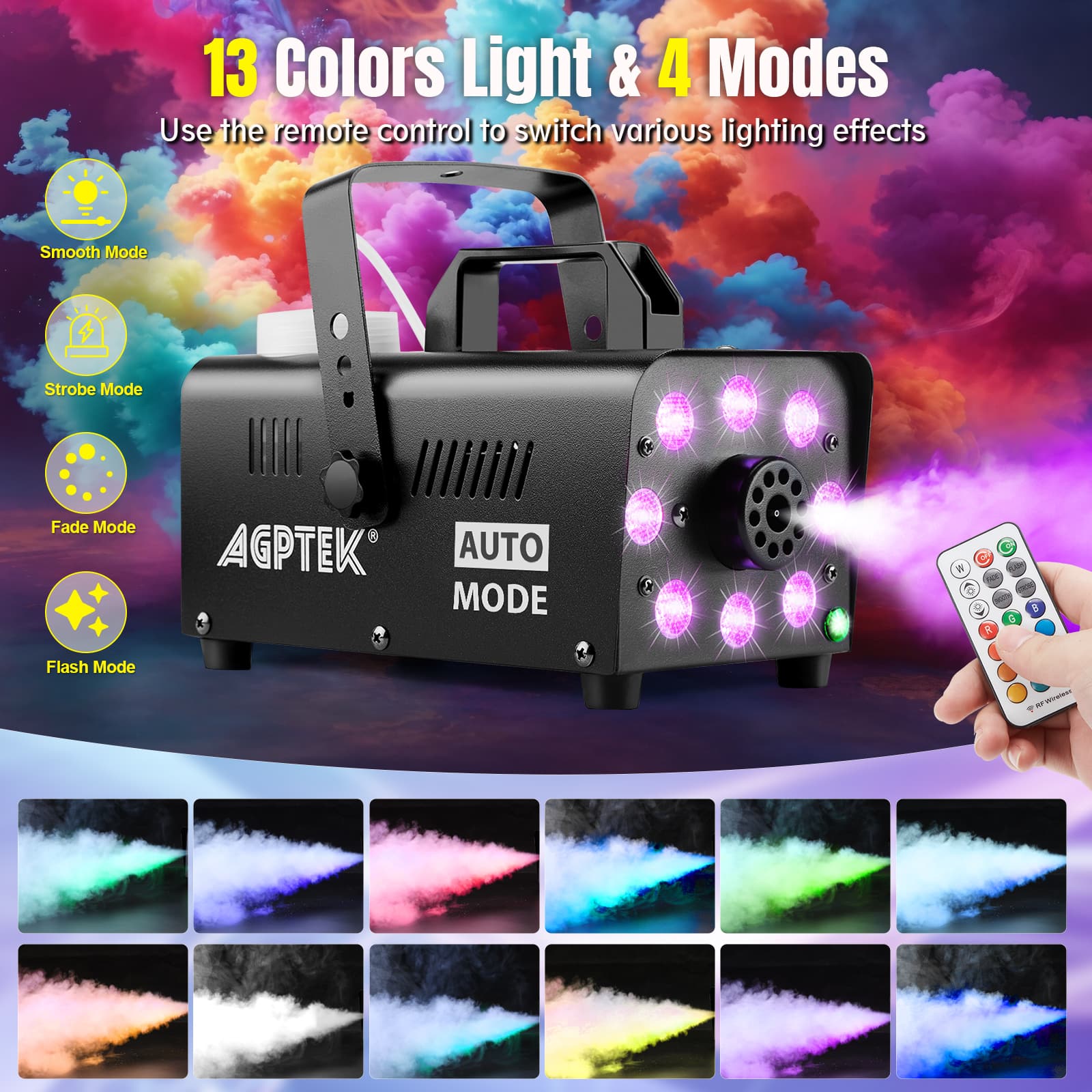 13 Colors Light & 4 Modes

Use the remote control to switch various lighting effects

Smooth Mode  
Strobe Mode  
Fade Mode  
Flash Mode  

AGPTEK  
AUTO MODE