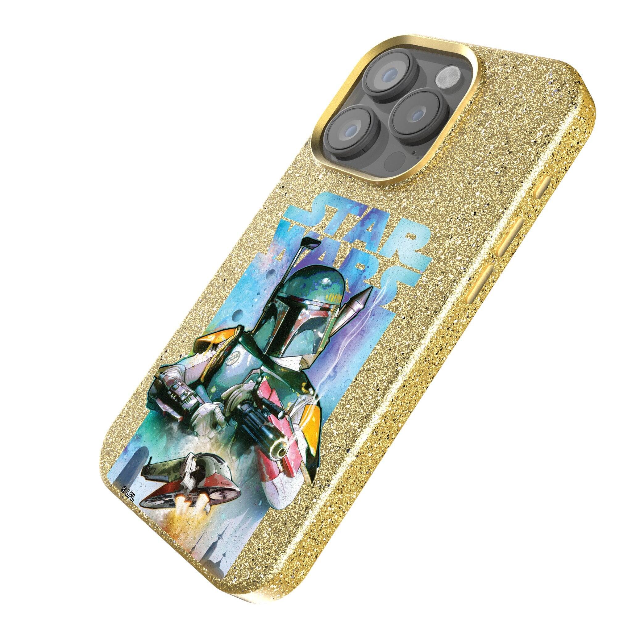 Angle. Keyscaper - Star Wars: The Empire Strikes Back Portrait Collage Gold Bling Phone Case - Apple iPhone 16 - Boba Fett.