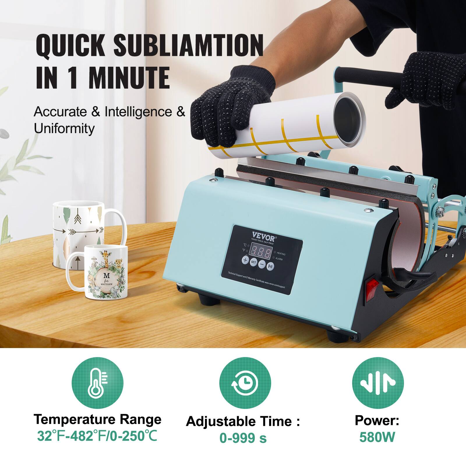 QUICK SUBLIMATION IN 1 MINUTE  
Accurate & Intelligence & Uniformity  

VEVOR - HUCK ALARIA TM MI wind happ ell REDDY Carbons  

Temperature Range Adjustable Time: 32F-482F/0-250C 0-999 S  
Power: 580W