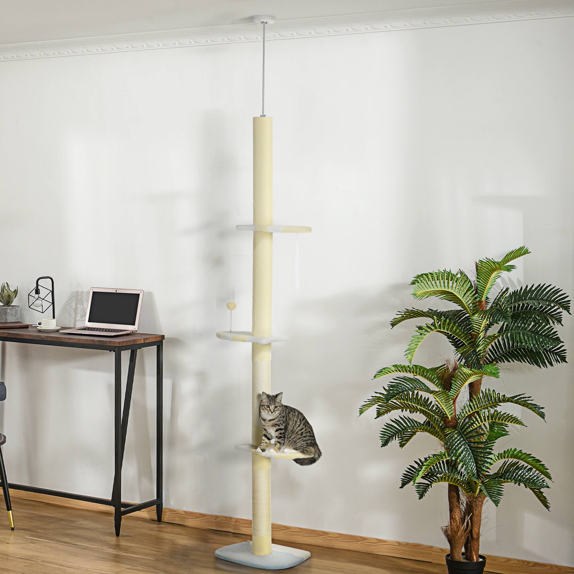 Angle. Pawhut - 87"-103" Height Adjustable Floor to Ceiling Cat Tree, 4 Tier Tall Cat Tower with Plush Platforms, Sisal Scratching Posts - Yellow.
