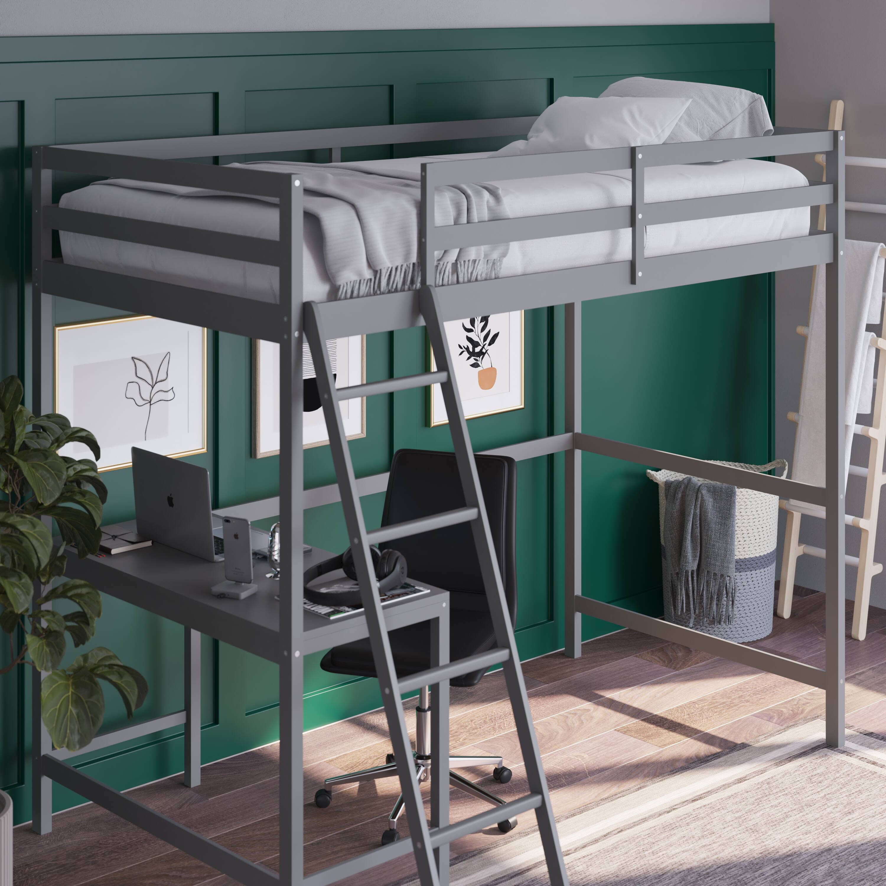 Alt View 4. Emma + Oliver - Wooden Loft Bed Frame with Integrated Desk and Ladder - Light Gray.