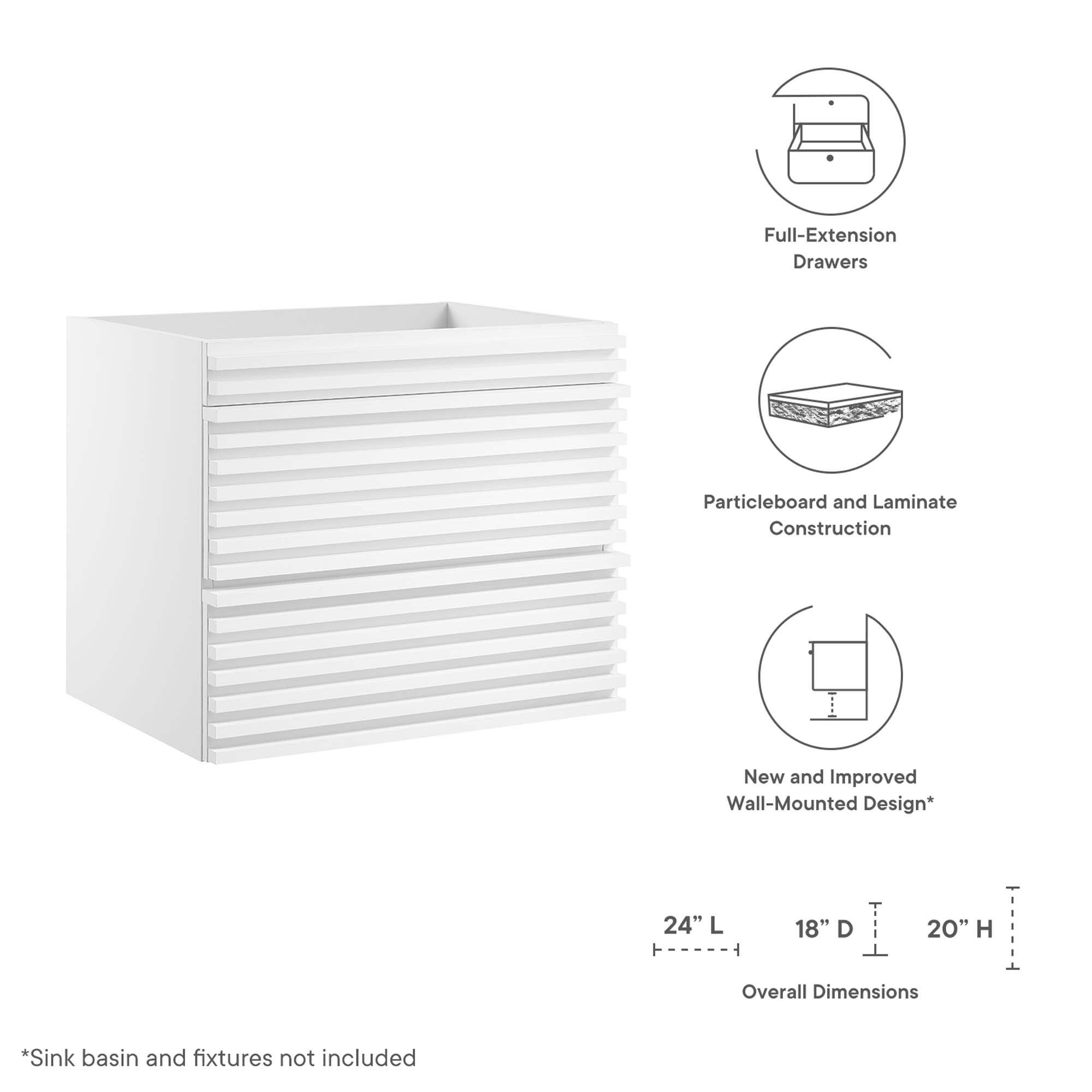 Full-Extension Drawers  
Particleboard and Laminate Construction  
New and Improved Wall-Mounted Design*  

24" L x 18" D x 20" H Overall Dimensions  

*Sink basin and fixtures not included