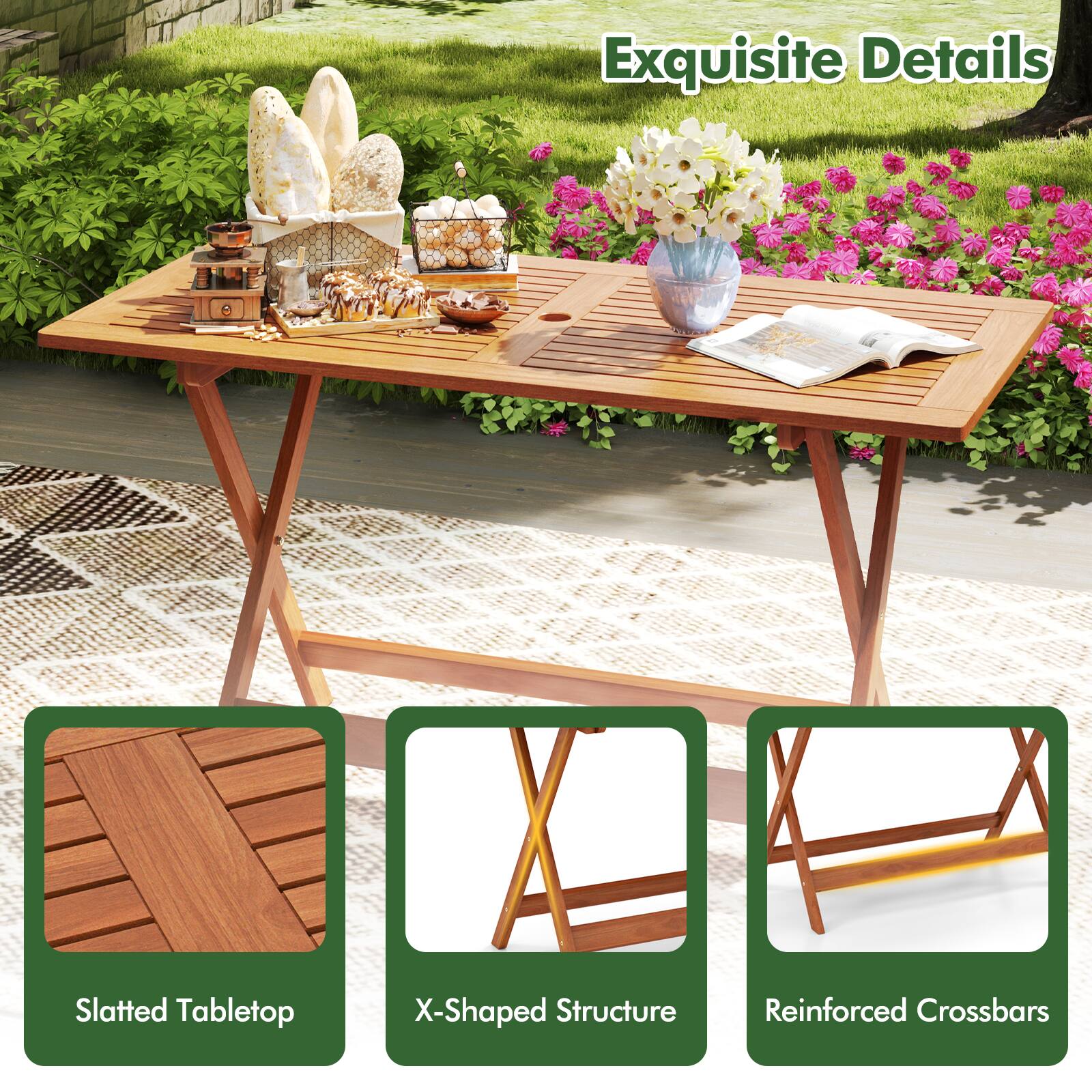 Exquisite Details

Slatted Tabletop

X-Shaped Structure

Reinforced Crossbars
